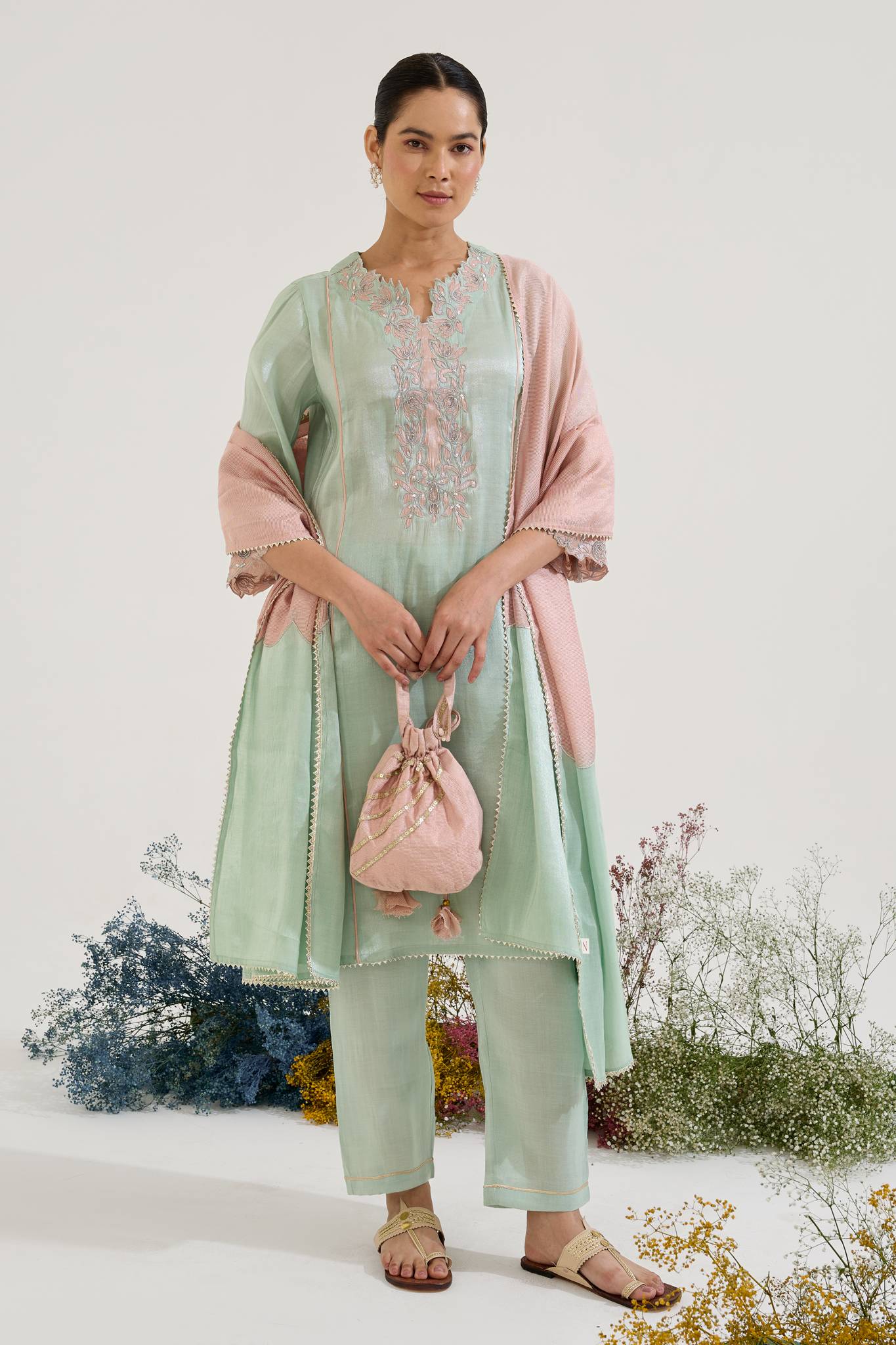 Mint Lotus Applique Tissue Kurta with Narrow Pants - Set of 2