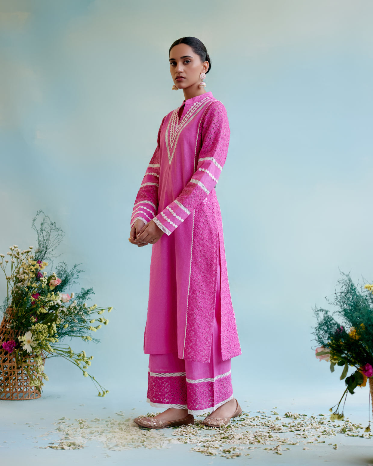 Neon Pink Kurta in Cotton Dobby and Schiffli fabric with Delicate Lace Detaling
