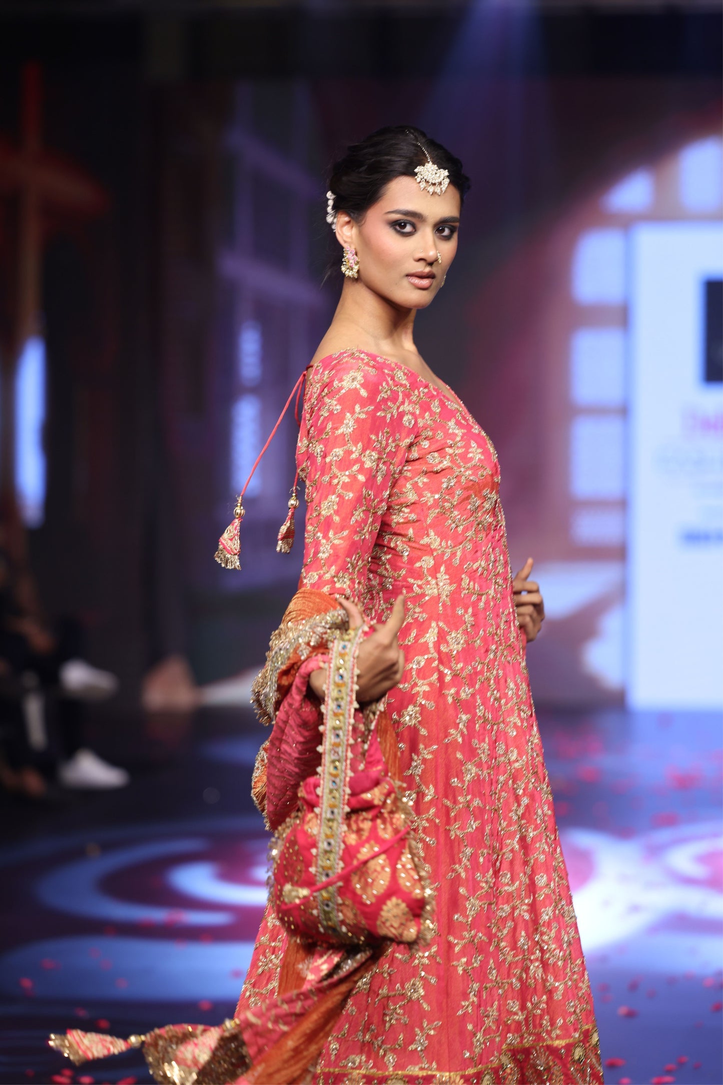 Ghungroo Peach Zari & Aari Work Anarkali with Rust Banarsi Dupatta