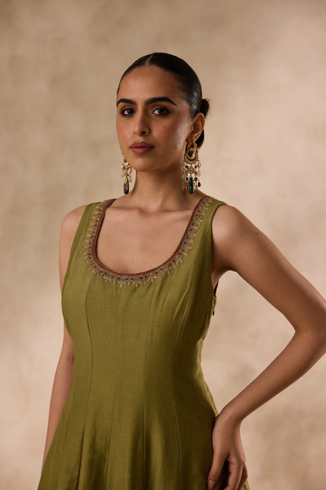 Mehendi green cotton silk dori work and resham embroiderd anarkali paired with pant & organza heavy border dupatta