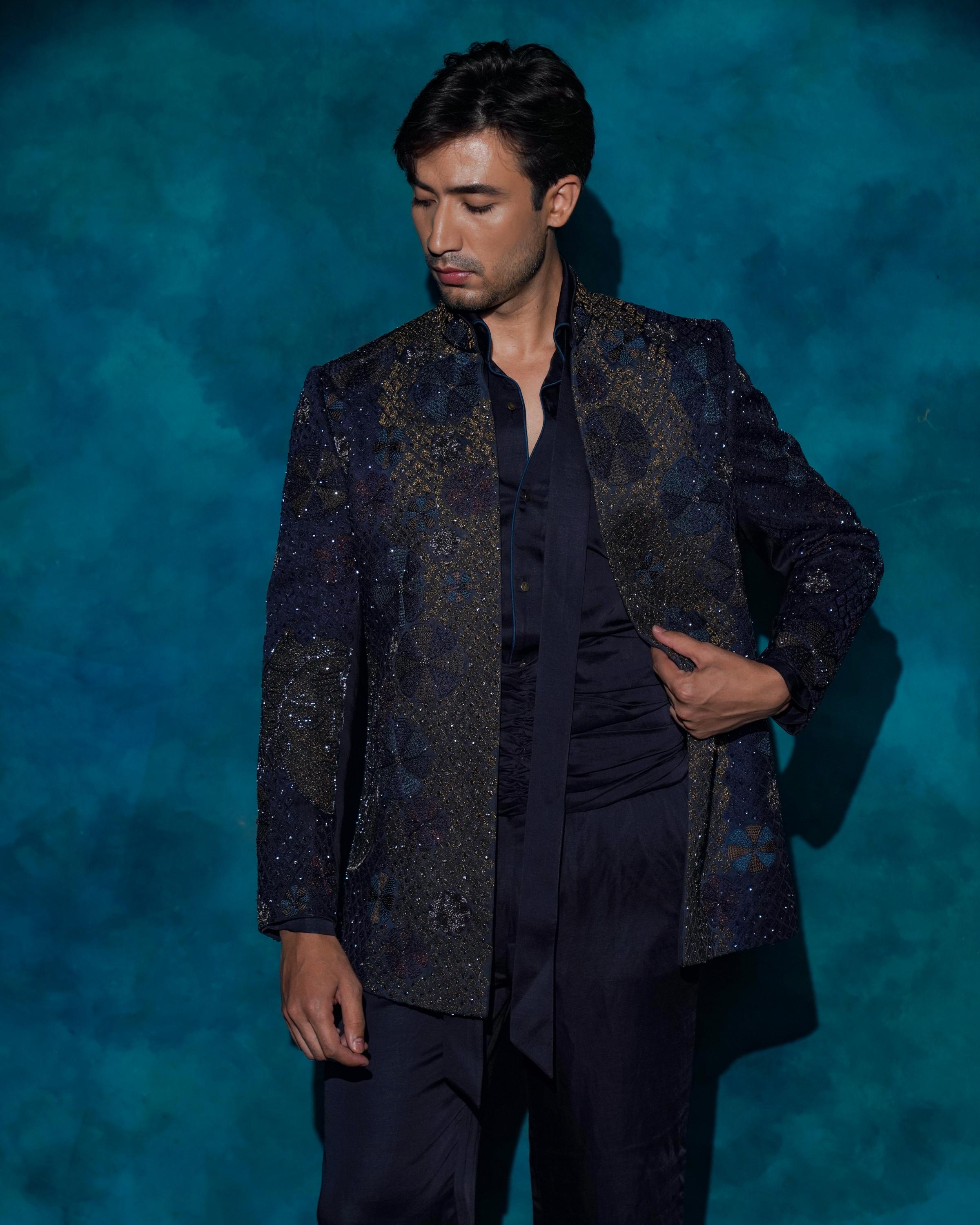 Midnight Blue Hand embroidered short jacket set