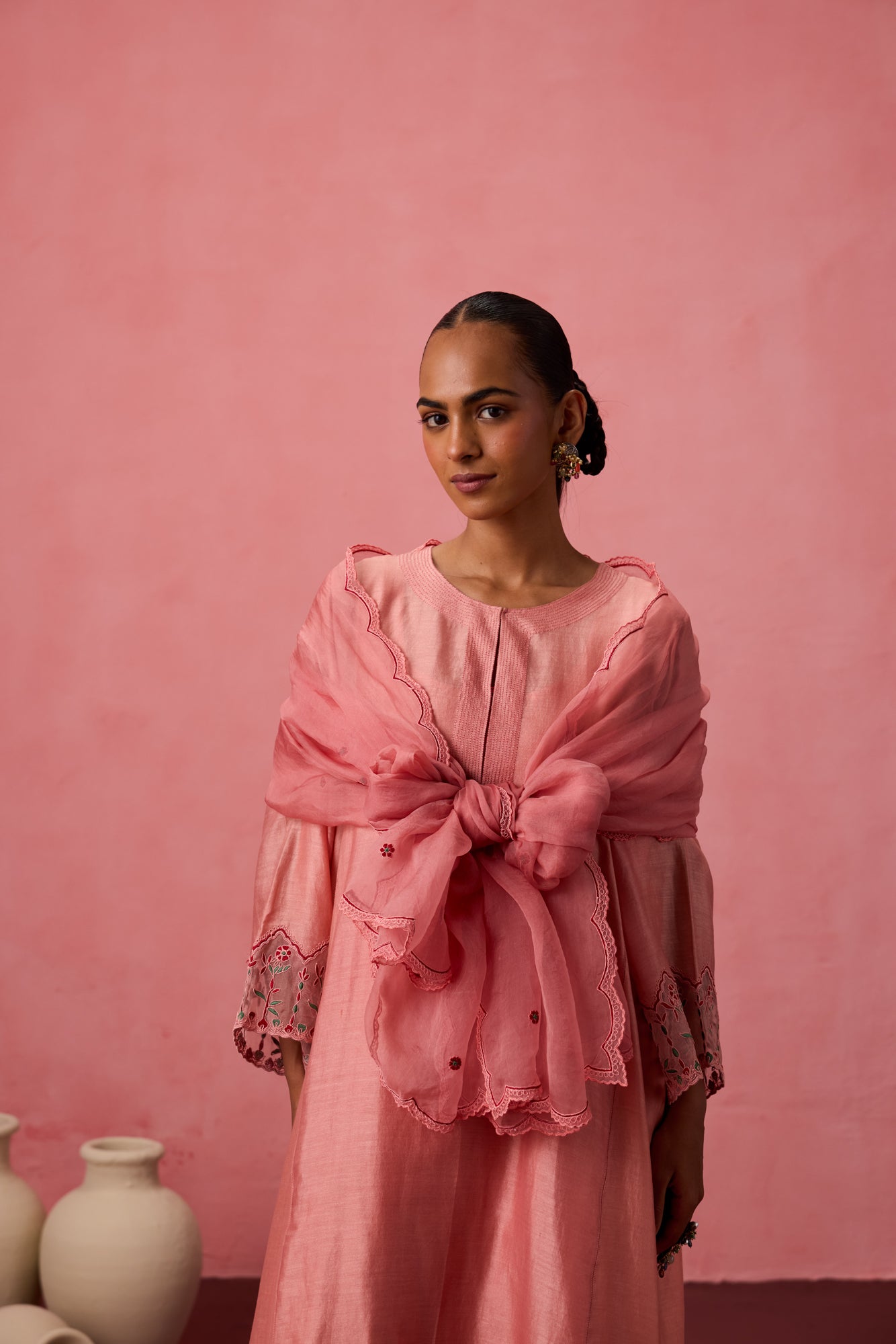 Peach chanderi embroidered kurta with embellished border on sleeves paired with an organic cotton slip pant & organza dupatta