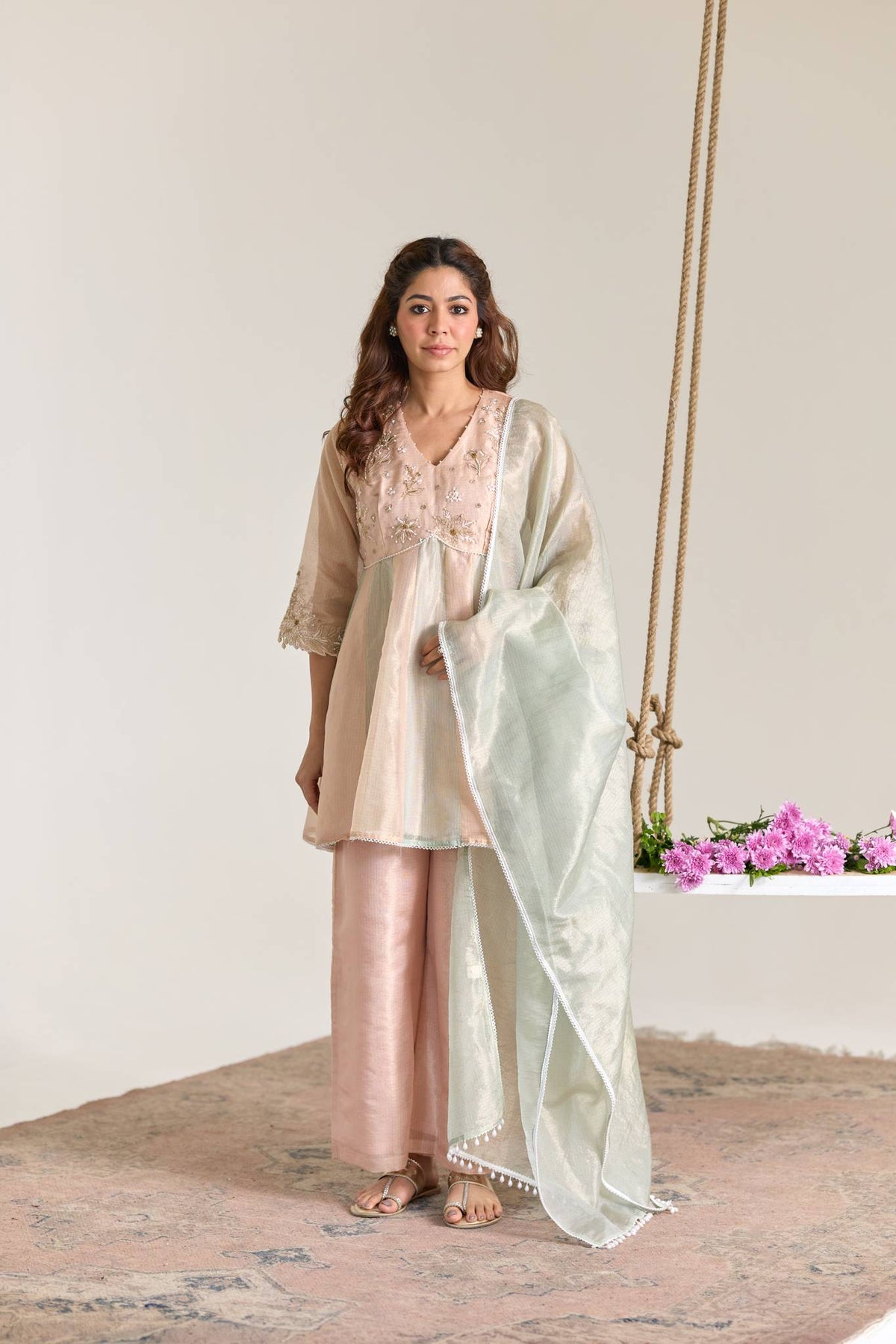 Rose Mint Dori Kota Tissue Anarkali Set - Set of 2