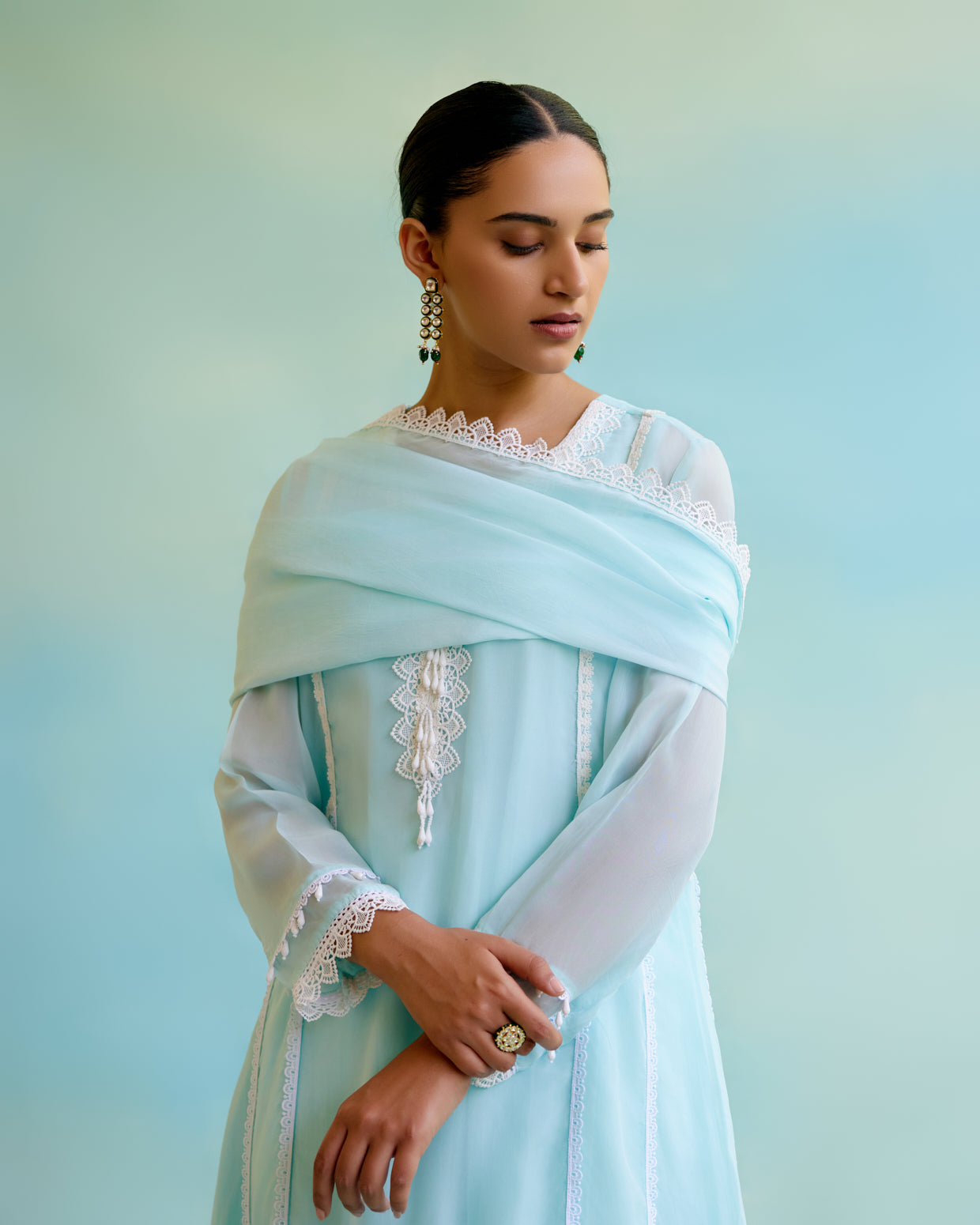 Dreamy Blue Organza Anarkali Kurta with Lace Detailing