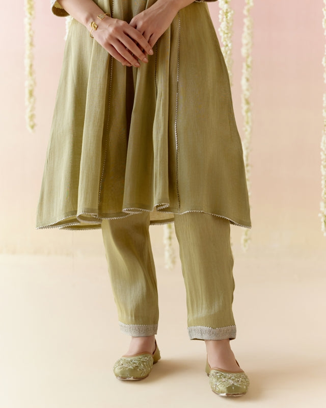 Moss Pearl Tissue Anarkali with
narrow Pants & Dupatta - Set of 3