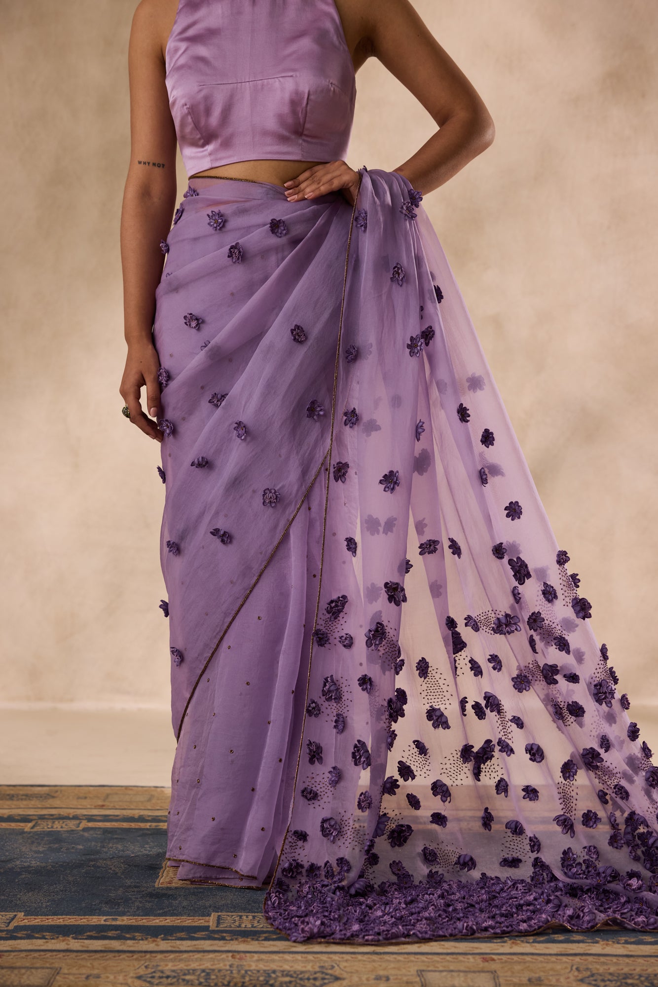 Lilac organza satin flower and beads embroidered saree comes with unstitched & unembroidered blouse fabric in chanderi