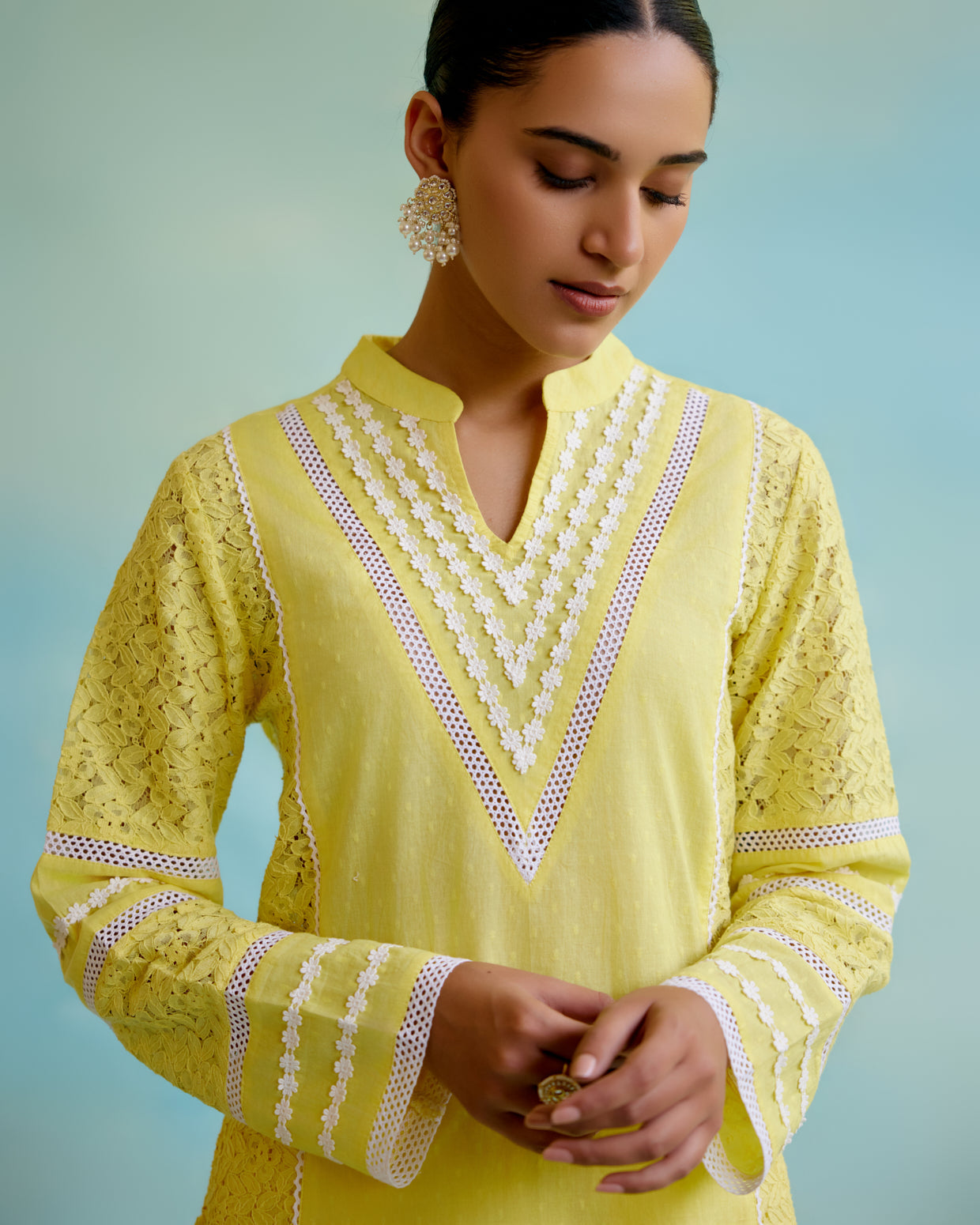 Daylily Kurta in Cotton Dobby and Schiffli fabric with Delicate Lace Detaling