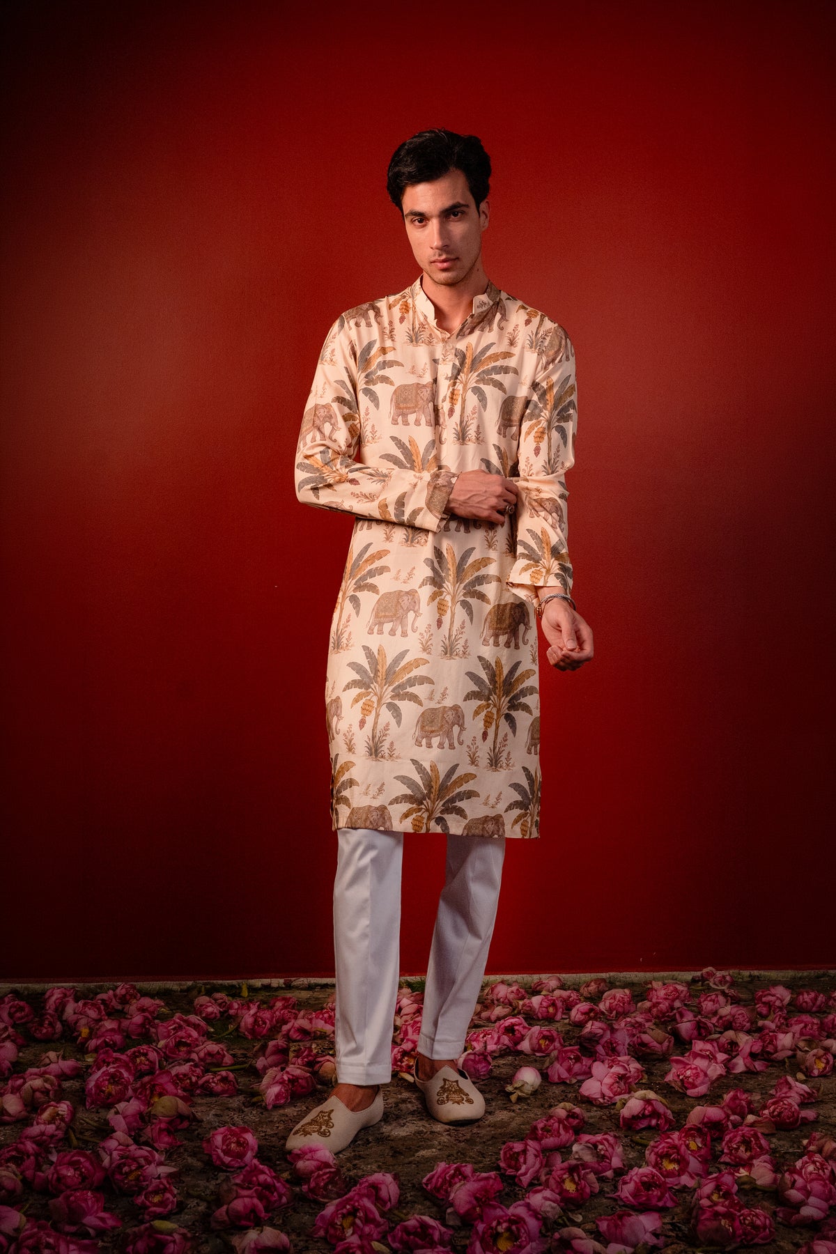 Kadali — Cream Printed Falling Raw Silk Kurta