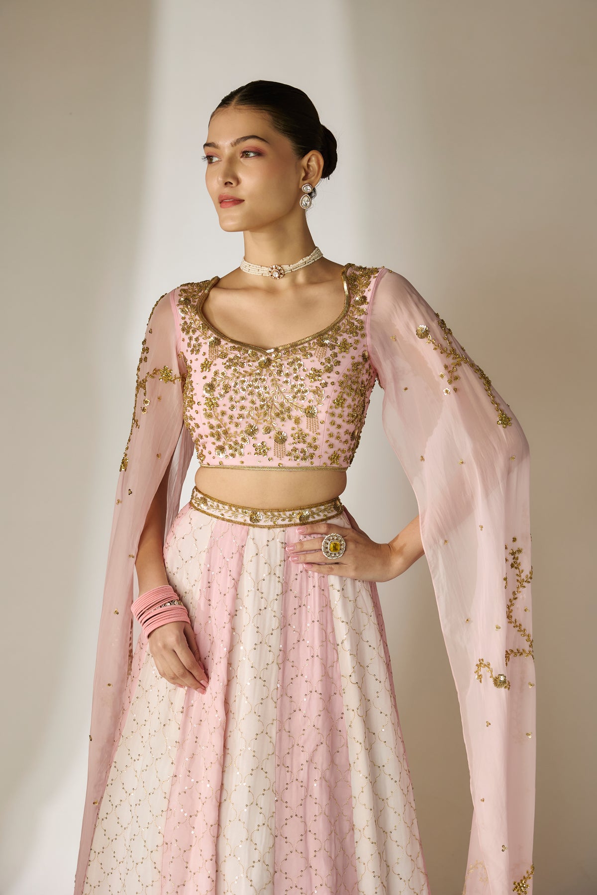 Light Pink Cape Sleeve Lehenga Set