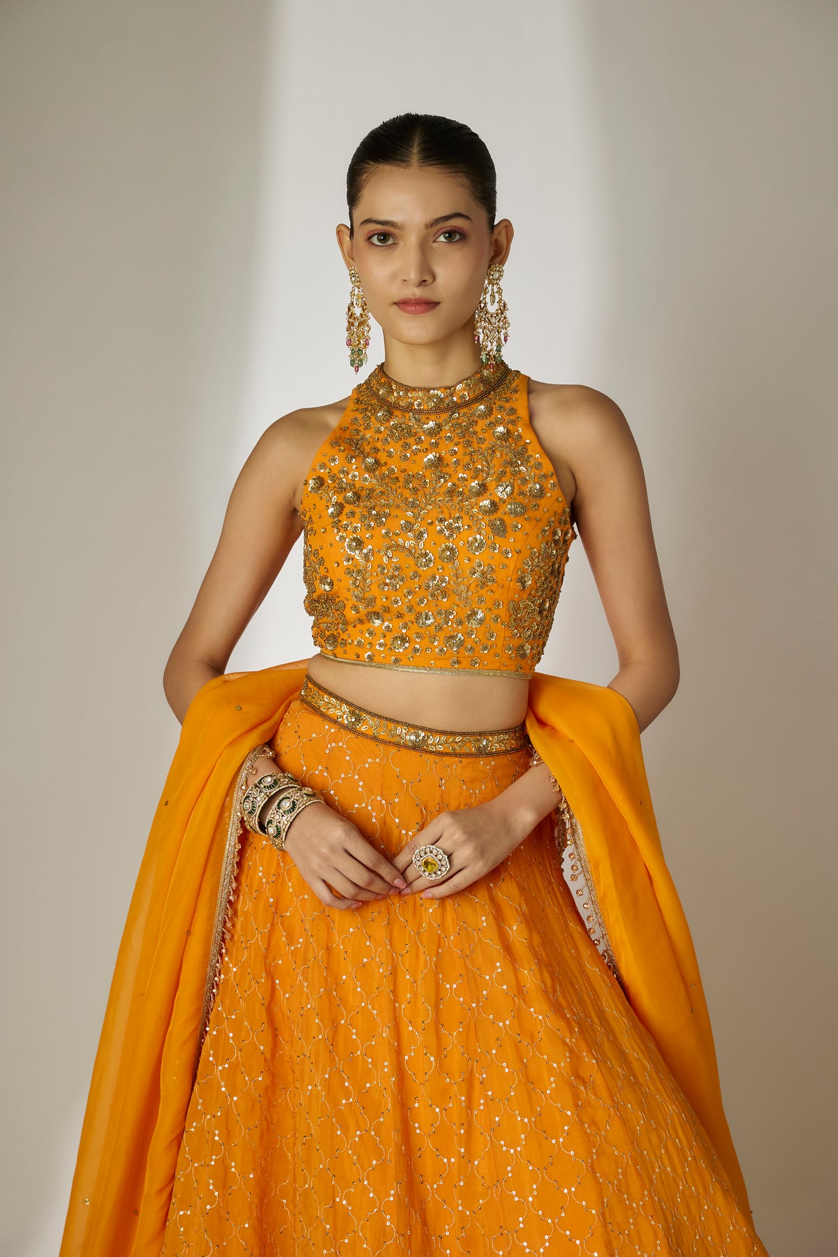 Orange Sequin Halter Lehenga Set