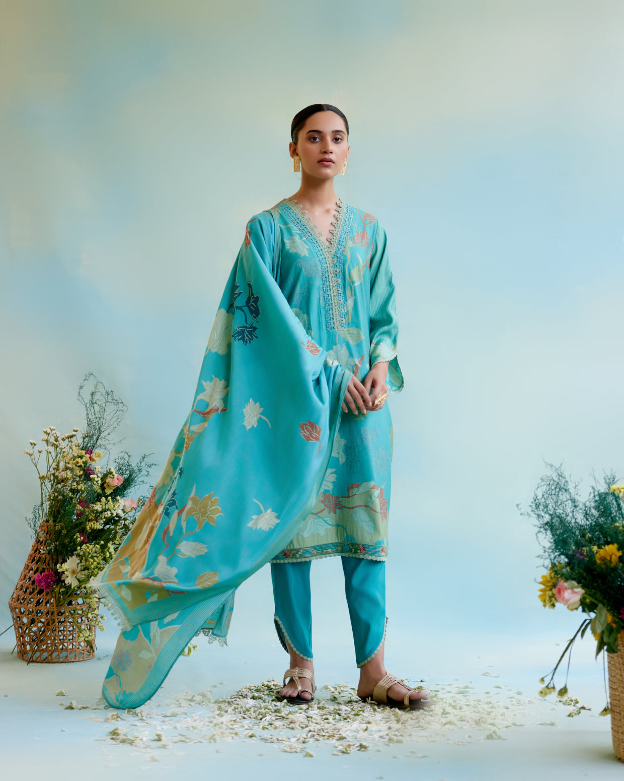 Peacock Blue Printer Kurta with delicate lace detailing with Tulip Pants and Dupatta