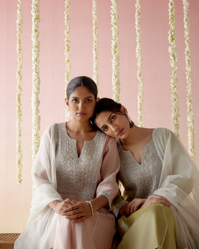 Rosy Pearl Tissue Anarkali with
Narrow Pants & Dupatta - Set of 3