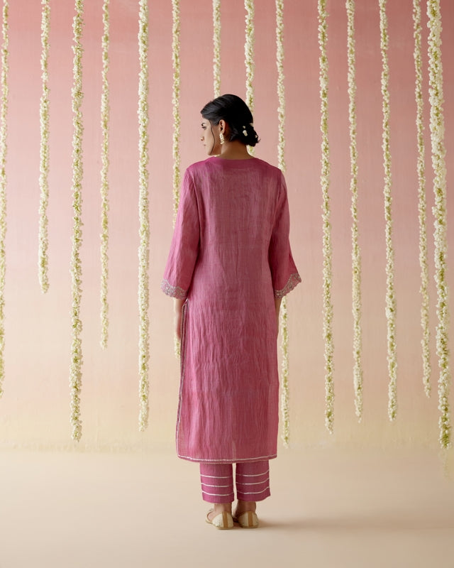 Peony Pink Tissue Kurta with
Narrow Pants & Dupatta - Set of 3