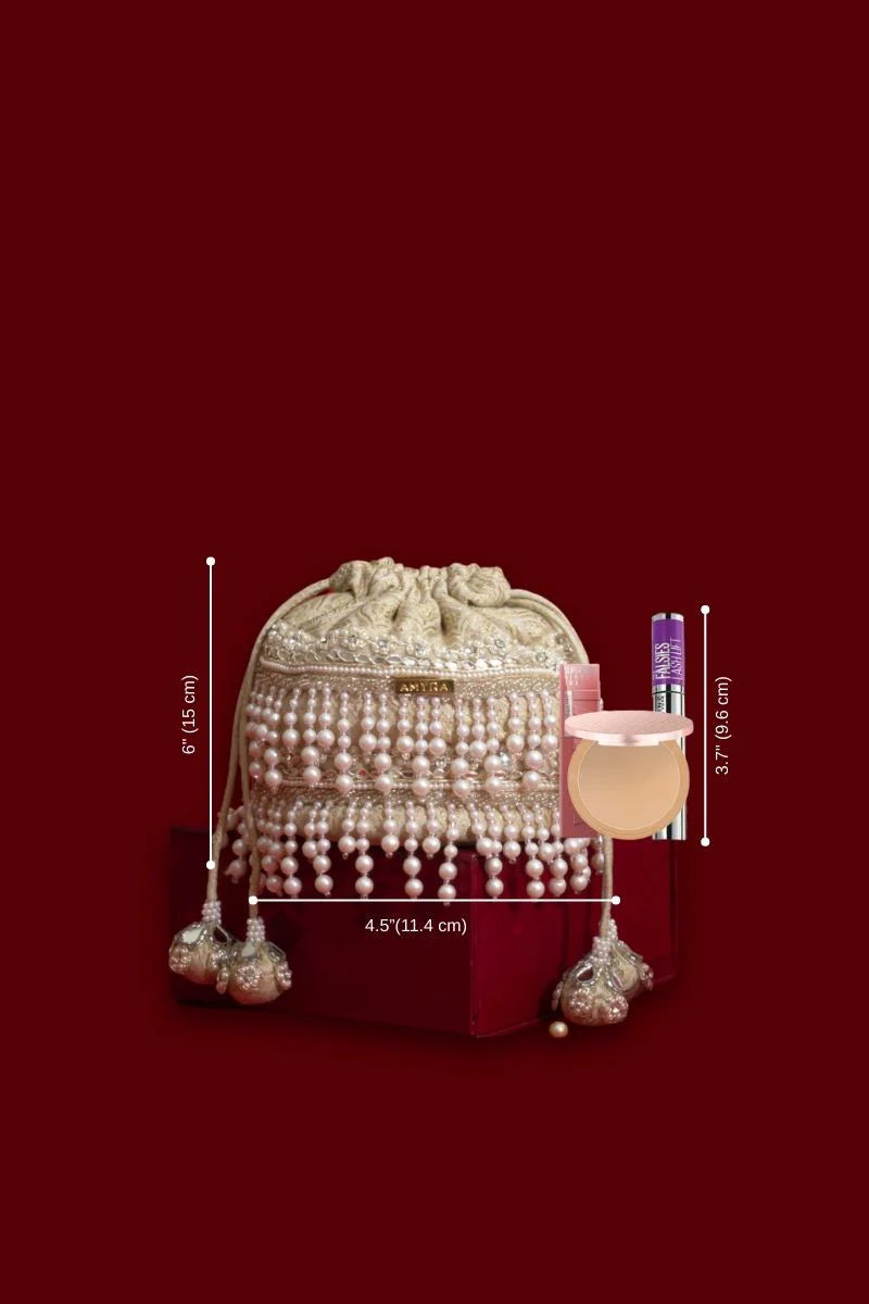 Anahi Embroidered Brocade Mini Potli - Ivory