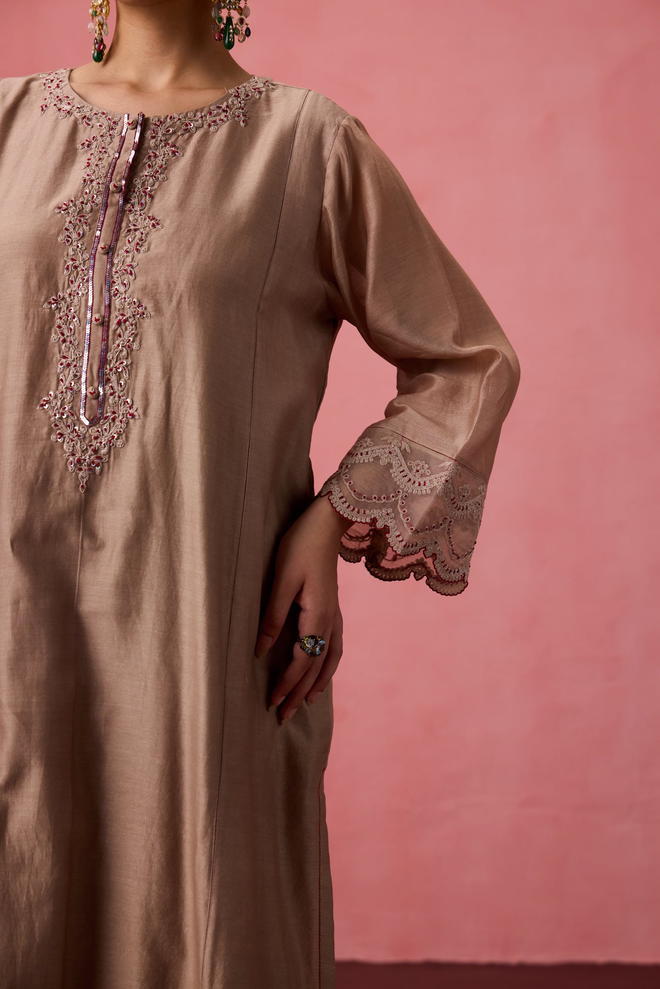 Champagne chanderi dori work and resham embroidered kurta paired with pant & organza dupatta