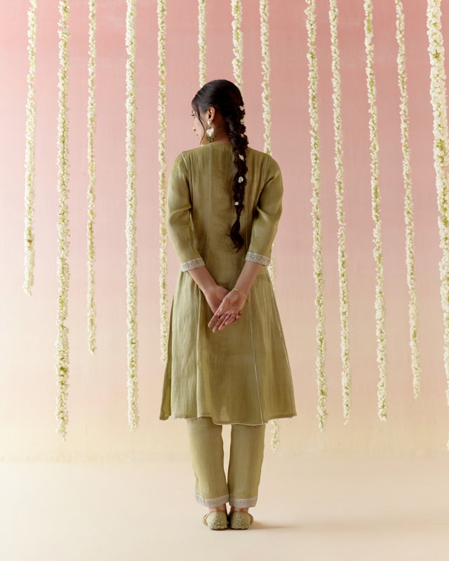 Moss Pearl Tissue Anarkali with
narrow Pants & Dupatta - Set of 3