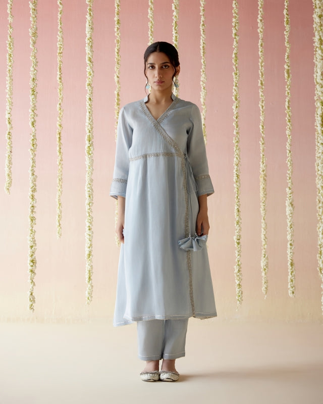 Glory Blue Tissue Angarakha with
Narrow Pants & Dupatta - Set of 3