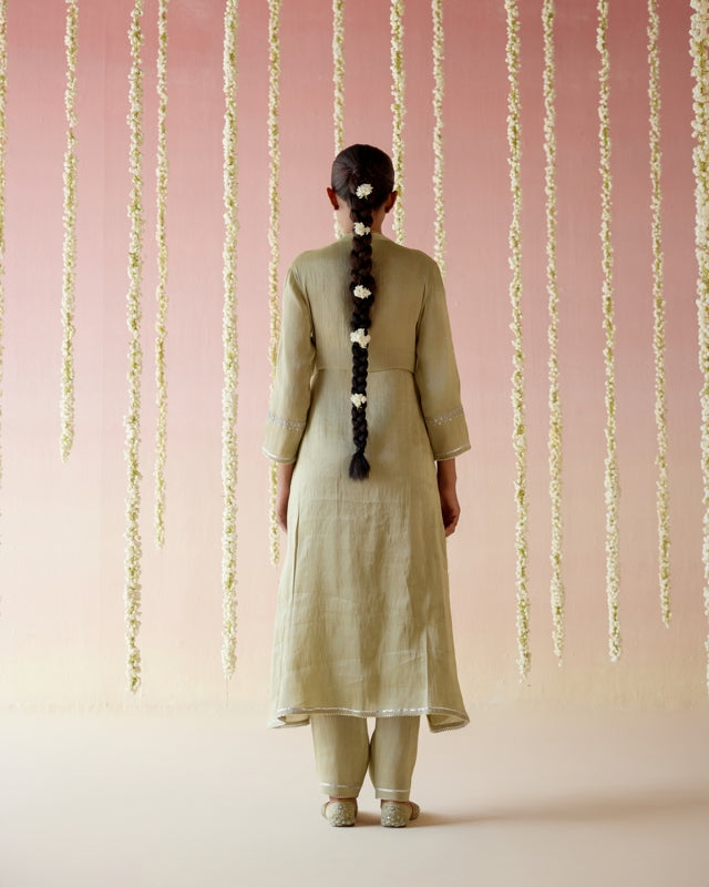 Moss Green Tissue Angarakha with Narrow Pants & Dupatta set - Set of 3