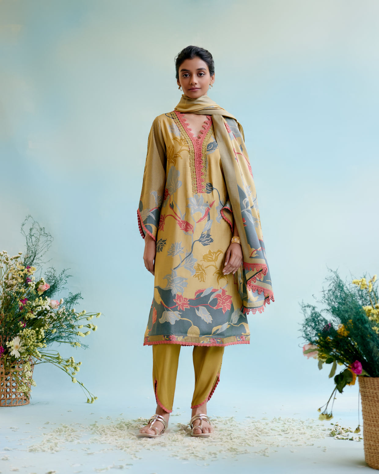 Rural Green Printer Kurta with delicate lace detailing with Tulip Pants and Dupatta