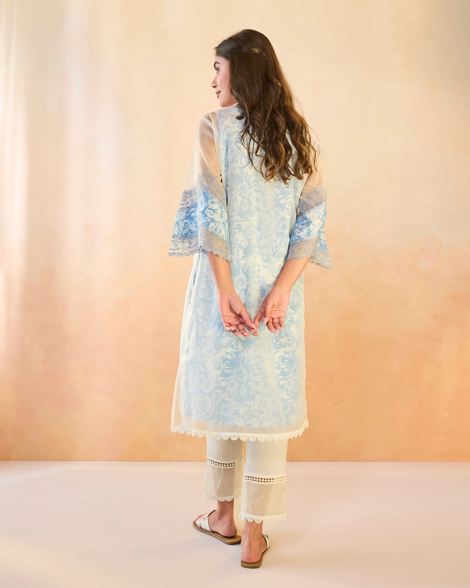 Sky Floral Embroidered Organza Slip Kurta with Narrow Pants