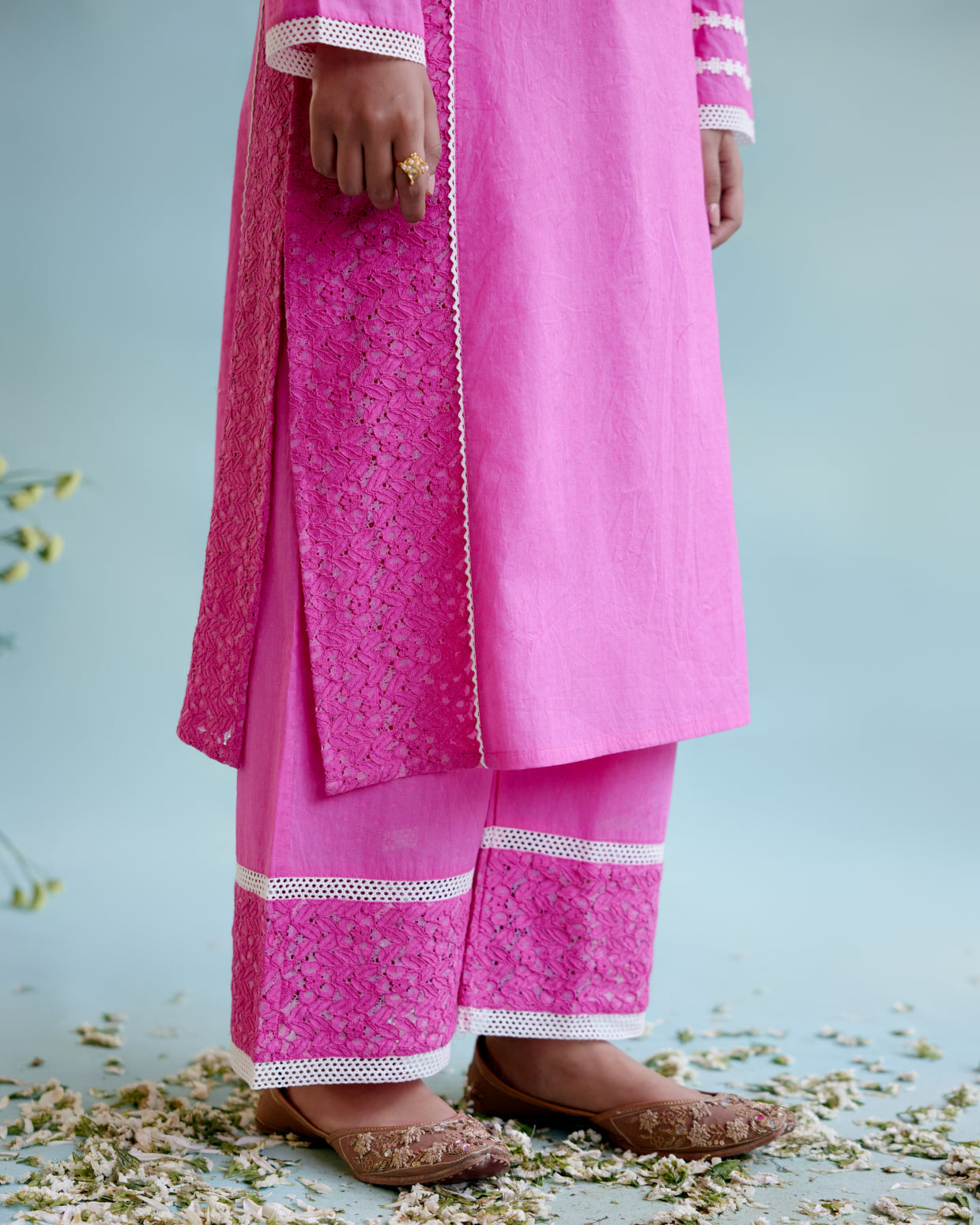 Neon Pink Kurta in Cotton Dobby and Schiffli fabric with Delicate Lace Detaling