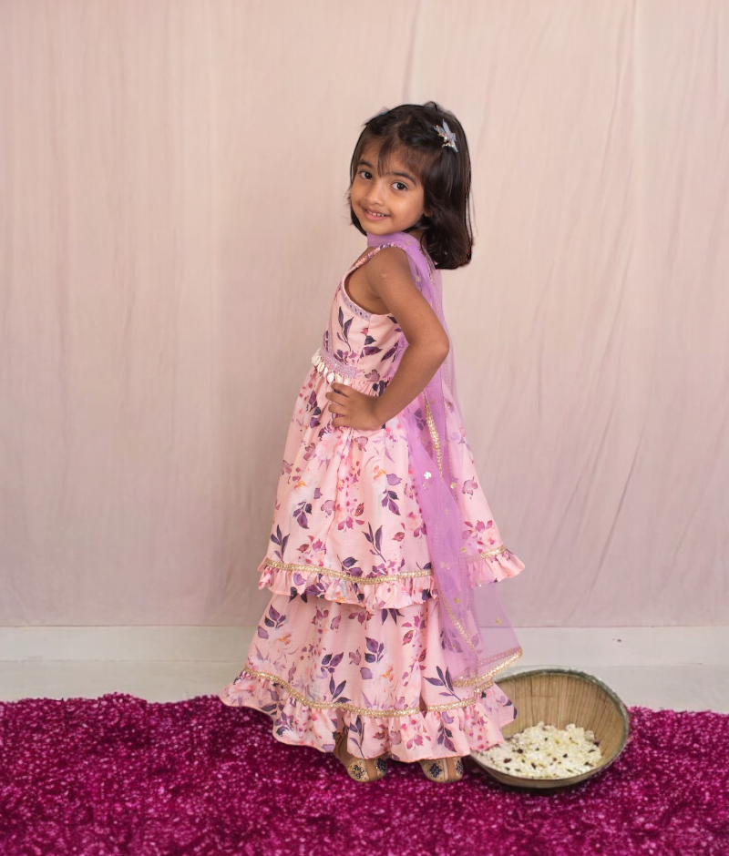 Lilac Printed Kurti with Sharara for Girls