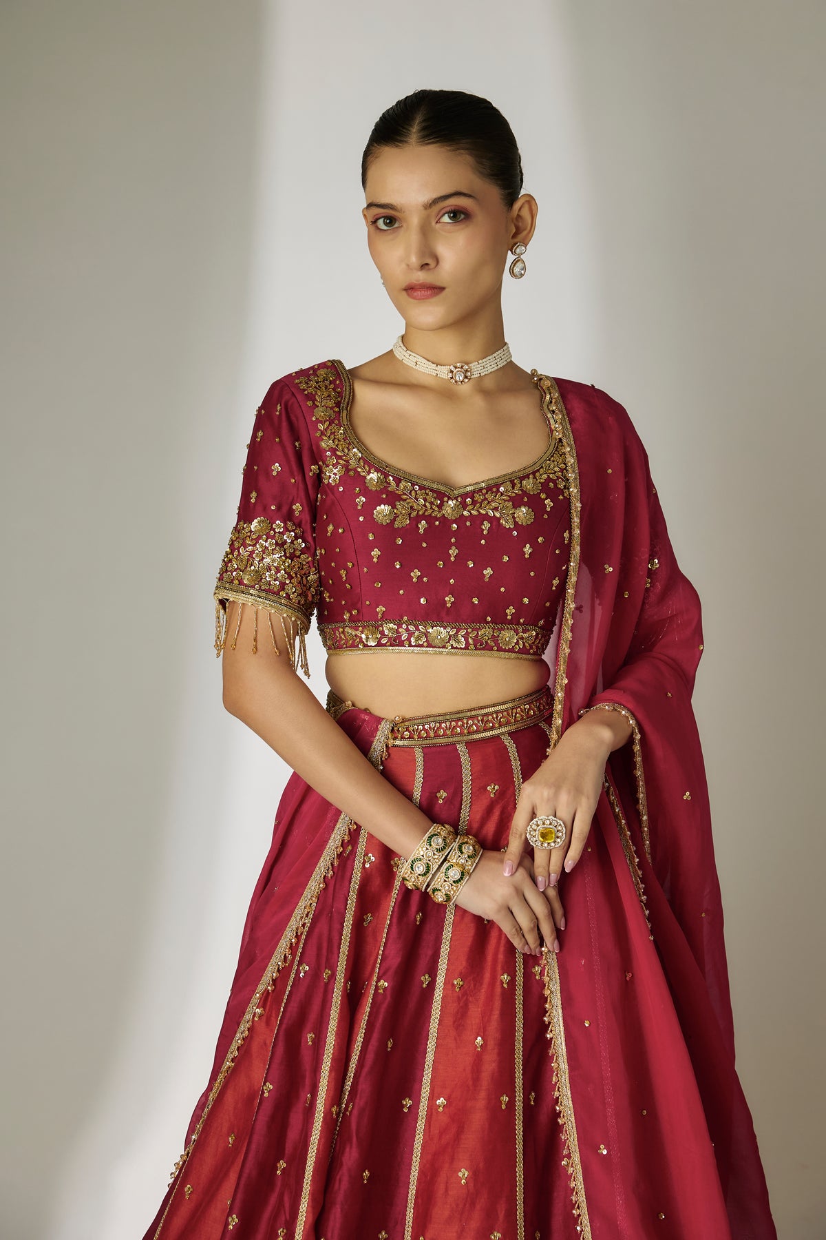 Red & Rust Chanderi Lehenga Set