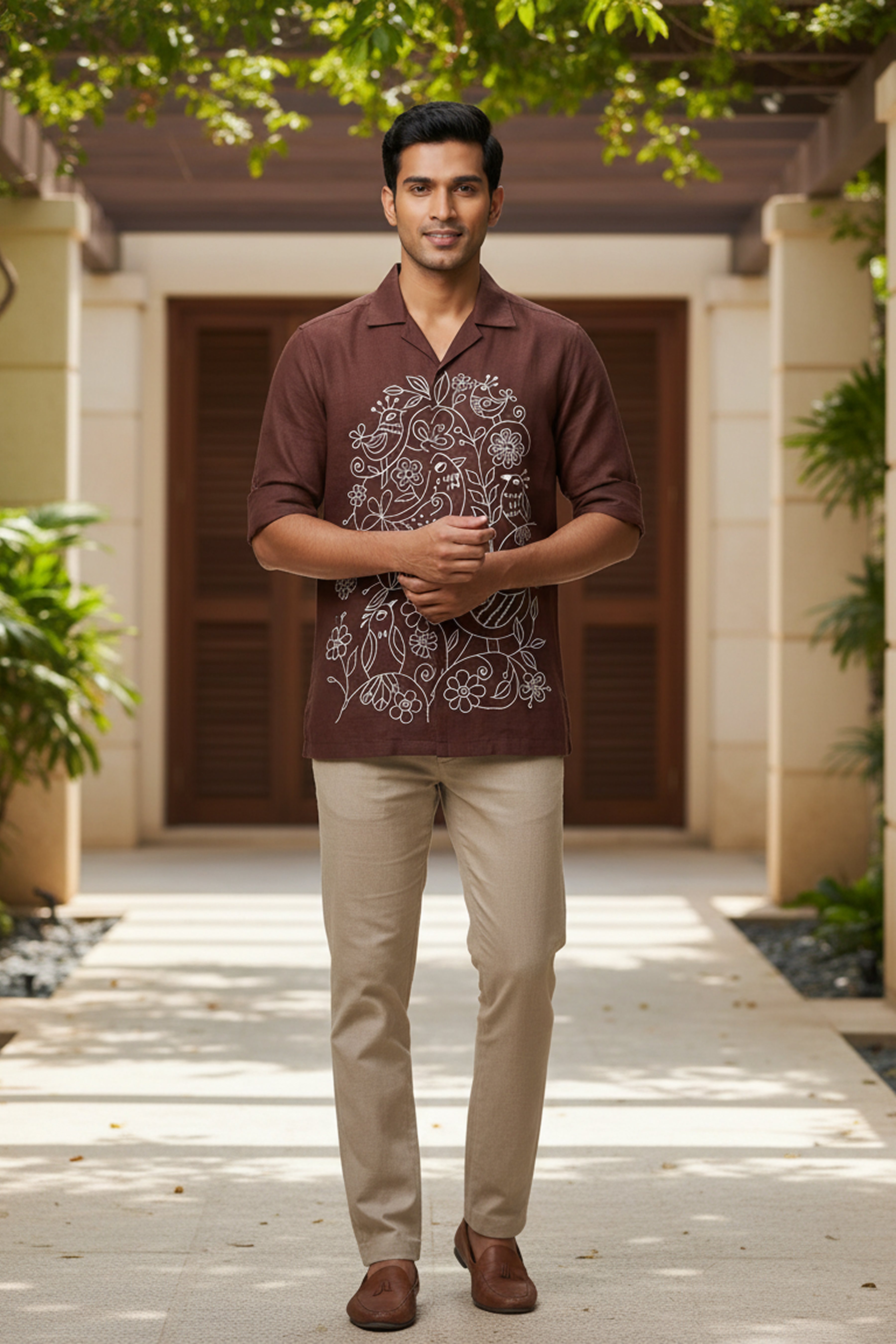 Botan — Brown Embroidered Cotton Shirt