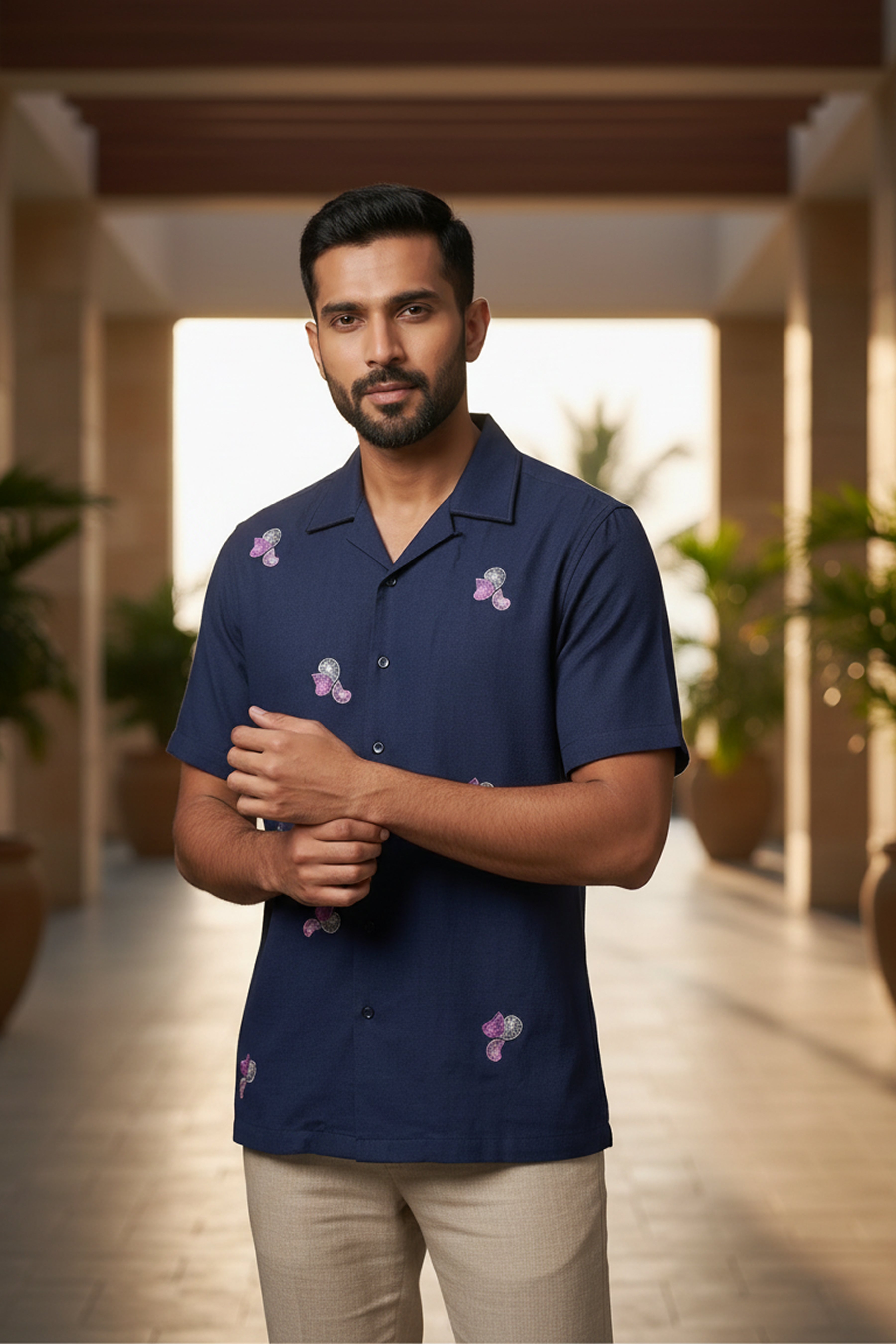 Aureole — Blue Embroidered Cotton Shirt