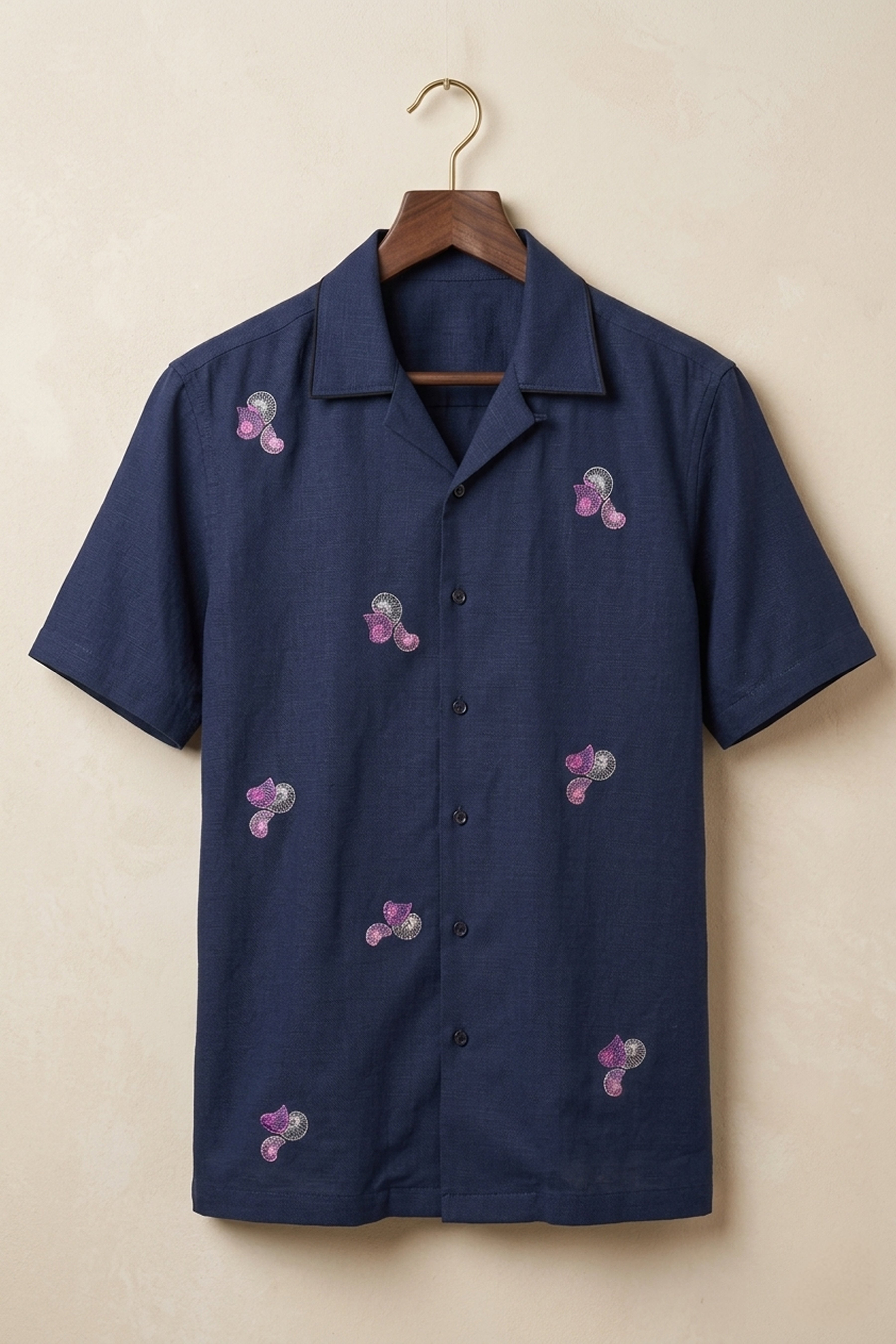 Aureole — Blue Embroidered Cotton Shirt