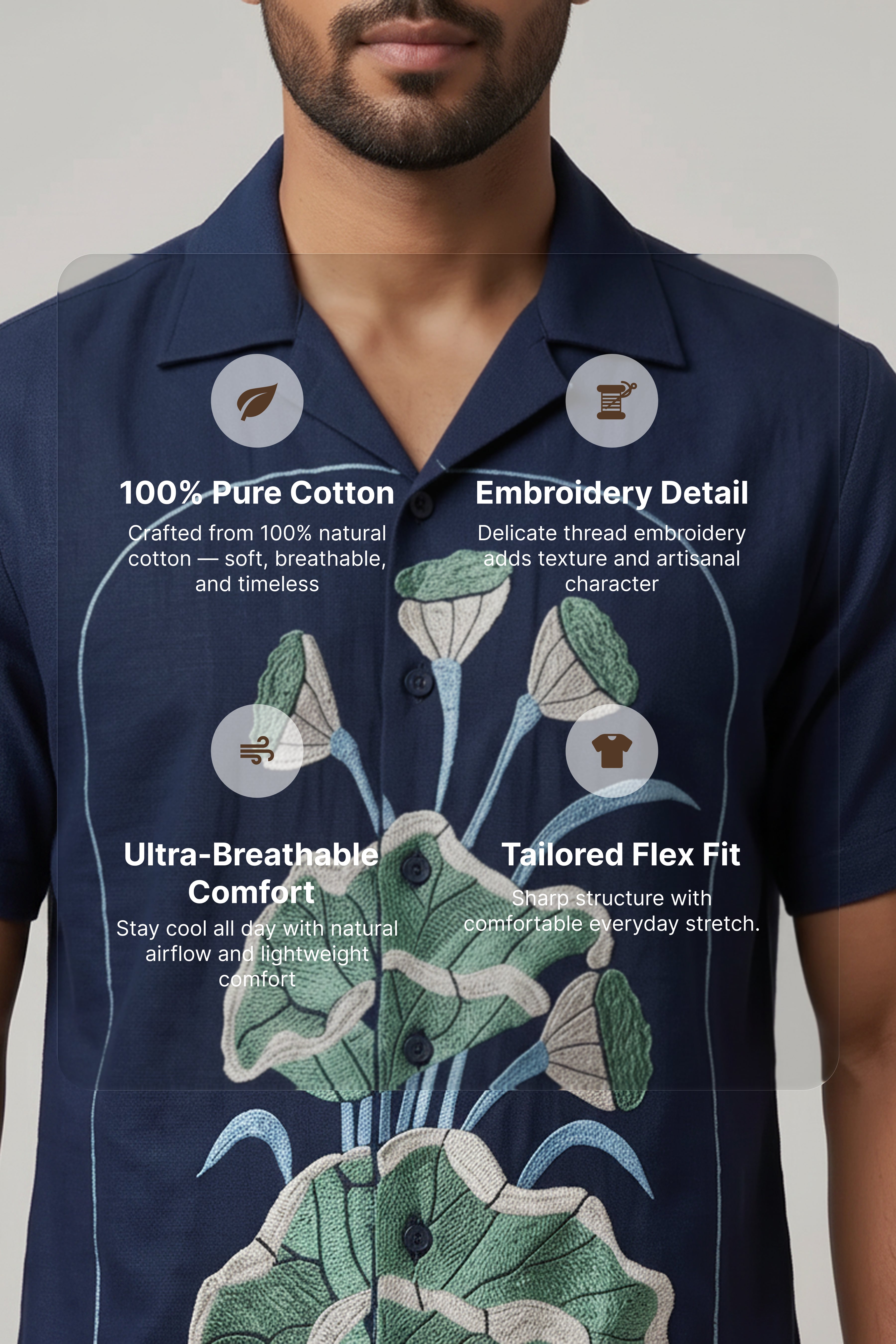 Midnight Bloom — Navy Lotus Embroidered Cotton Shirt