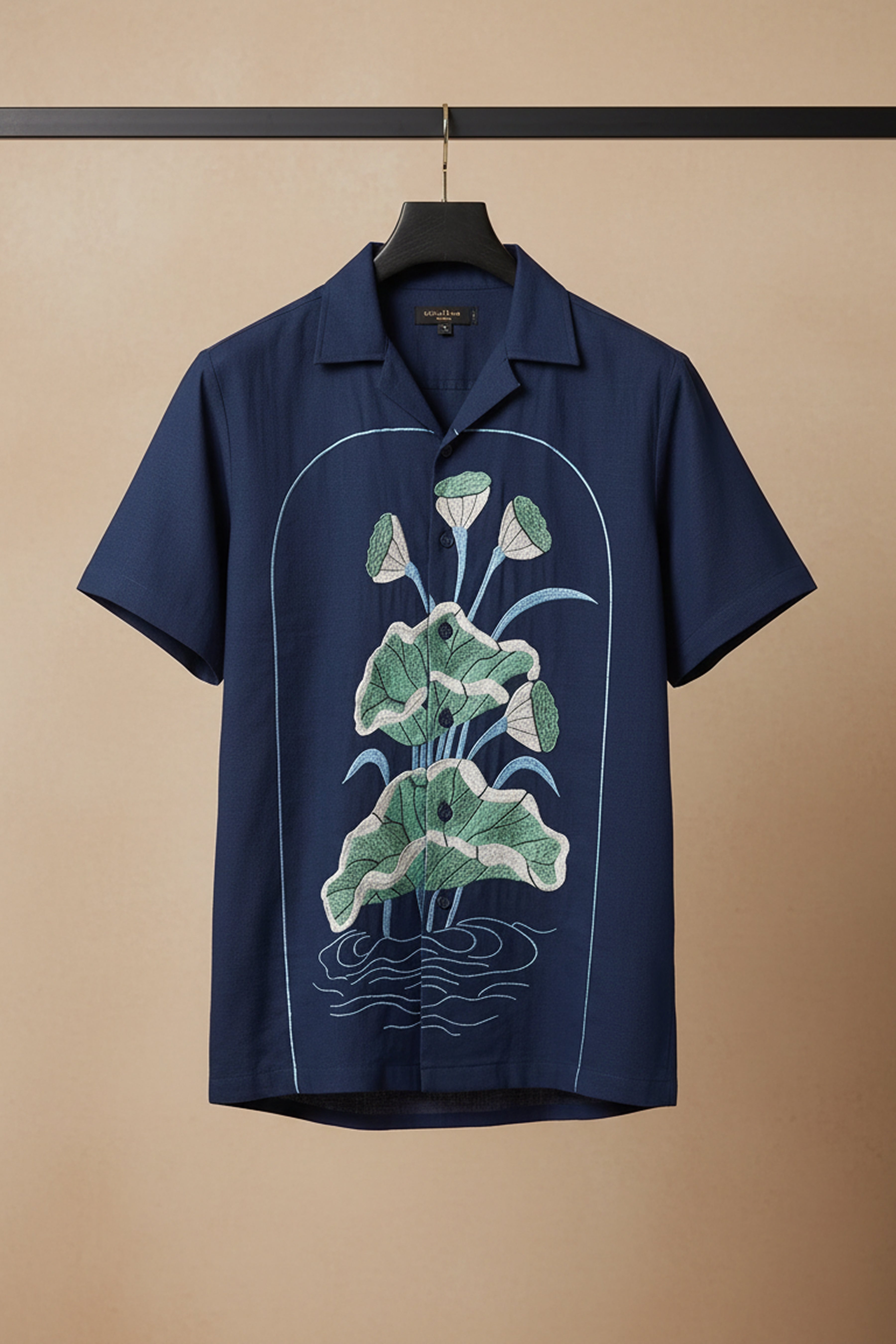 Midnight Bloom — Navy Lotus Embroidered Cotton Shirt
