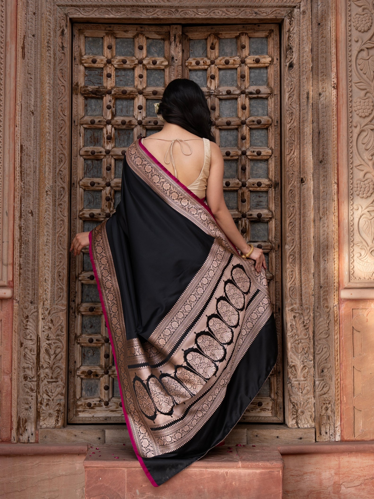 Black Pure Katan Satin Silk Banarasi Handloom Saree