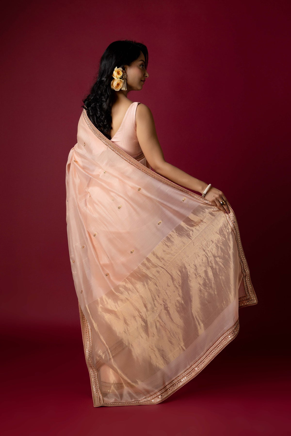 Light Peach Chanderi Silk Aari Saree