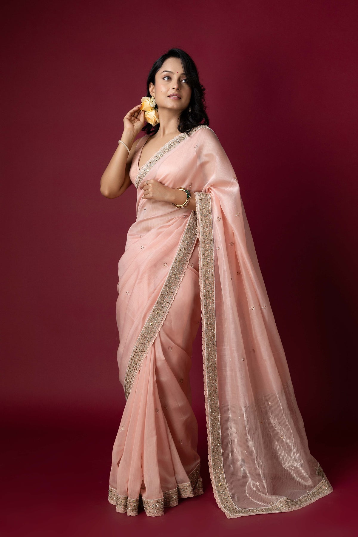 Peach Chanderi Silk Aari & Bobbin Saree