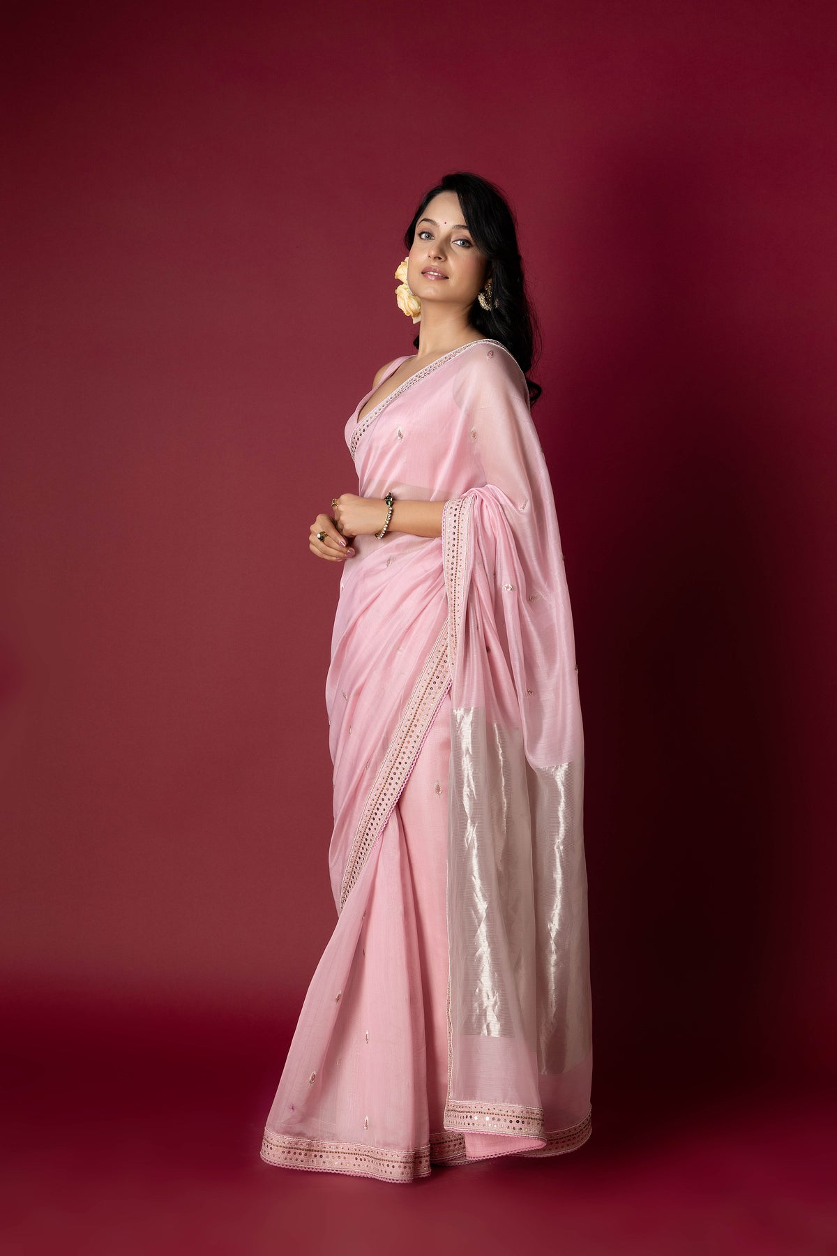 Light Pink Chanderi Silk Aari Saree
