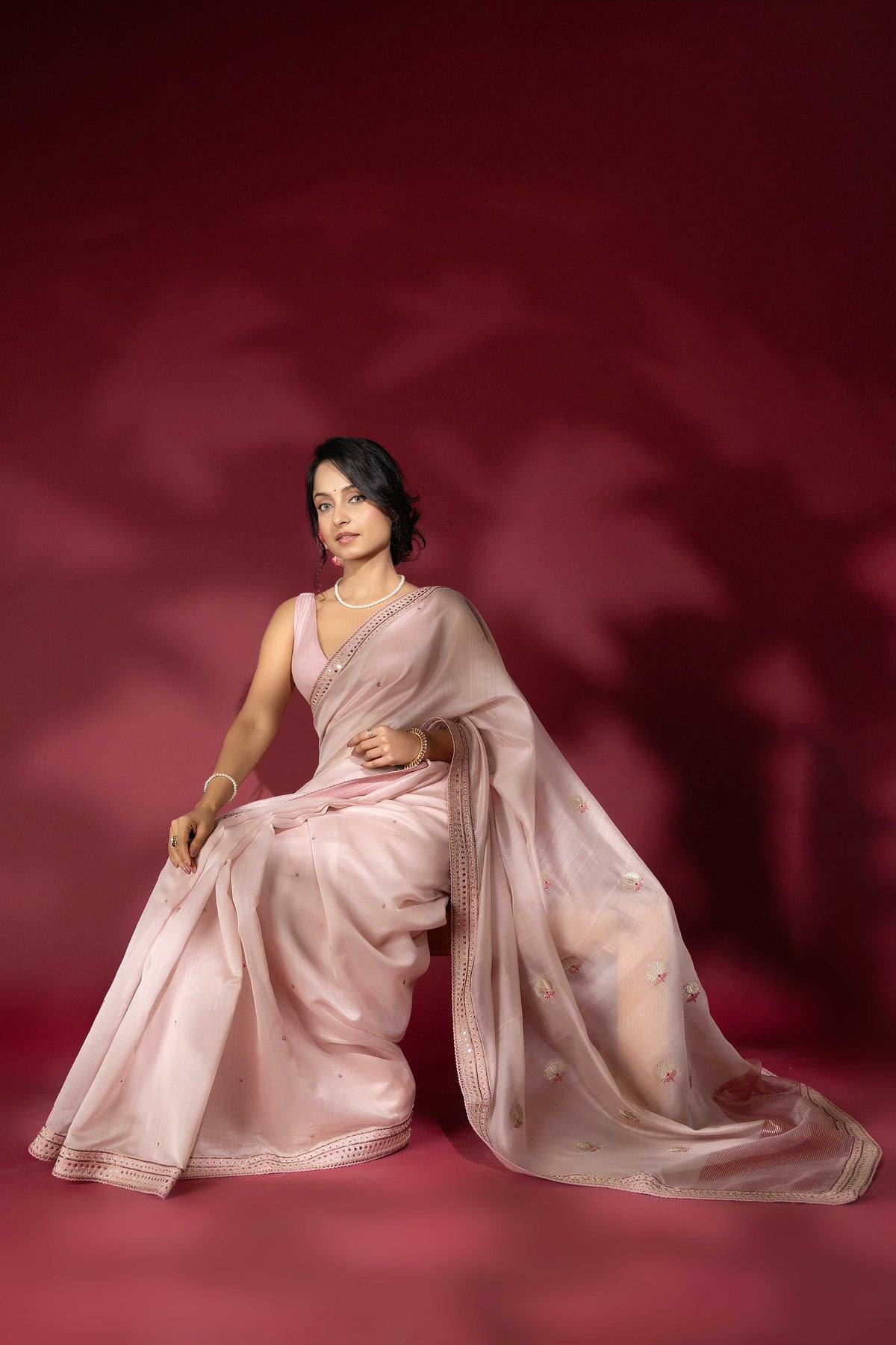 Old Rose Chanderi Silk Aari Saree