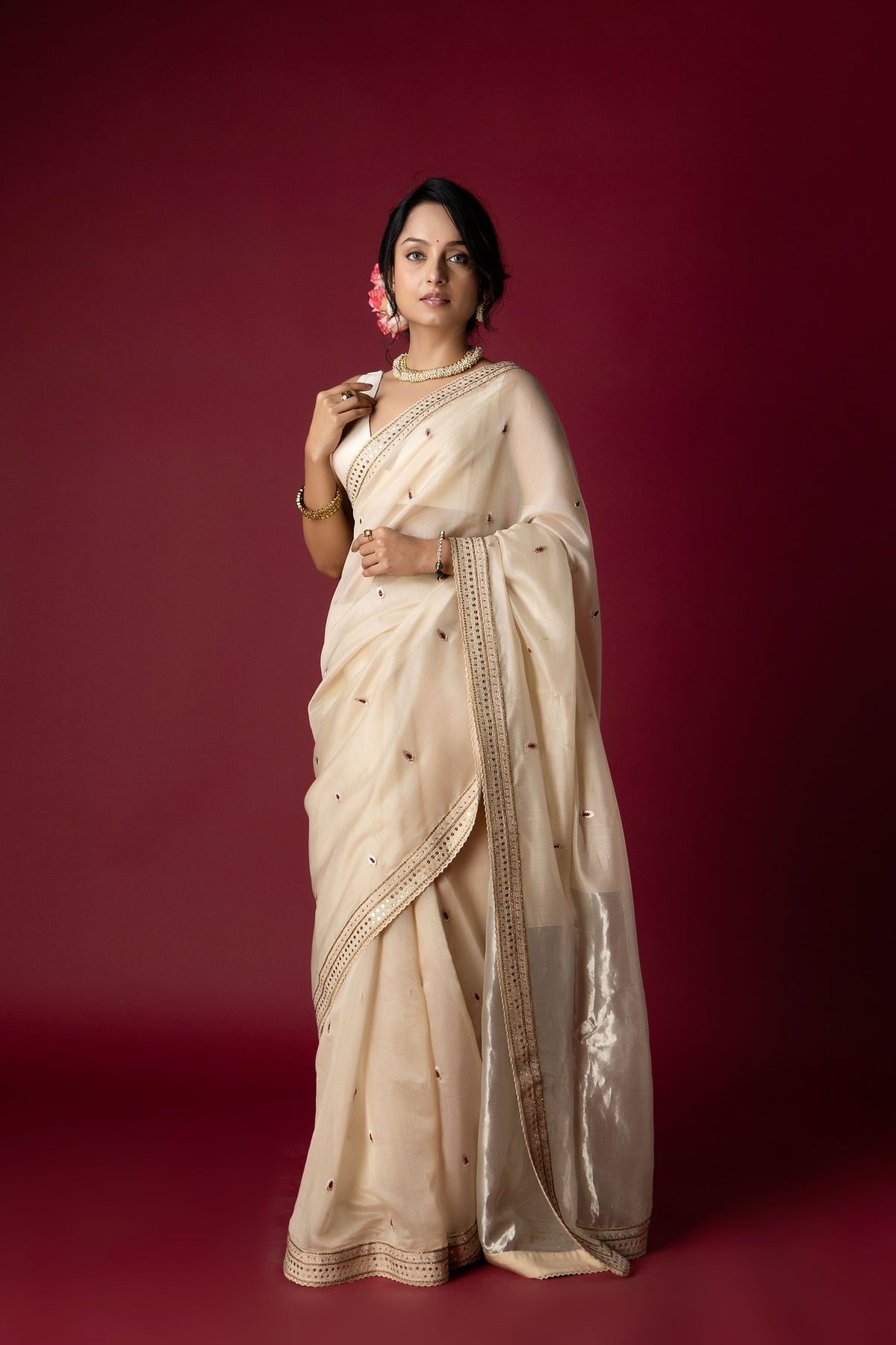 Ivory Chanderi Silk Aari Saree