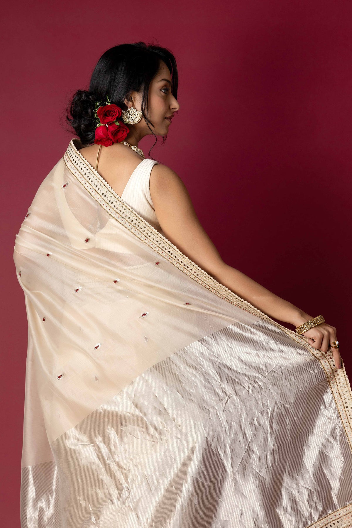 Ivory Chanderi Silk Aari Saree