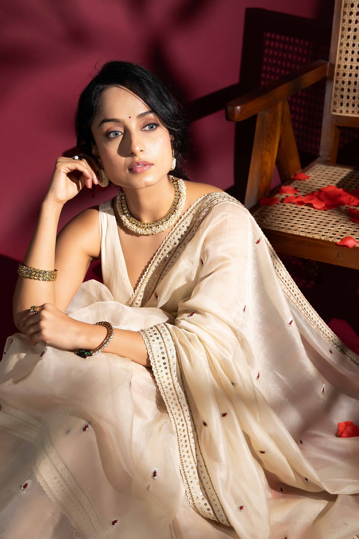 Ivory Chanderi Silk Aari Saree