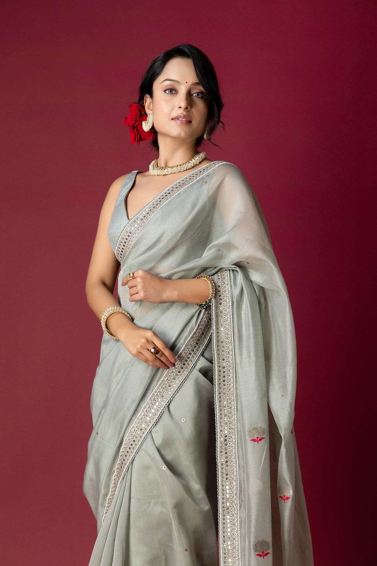 Grey Jade Chanderi Silk Aari Saree