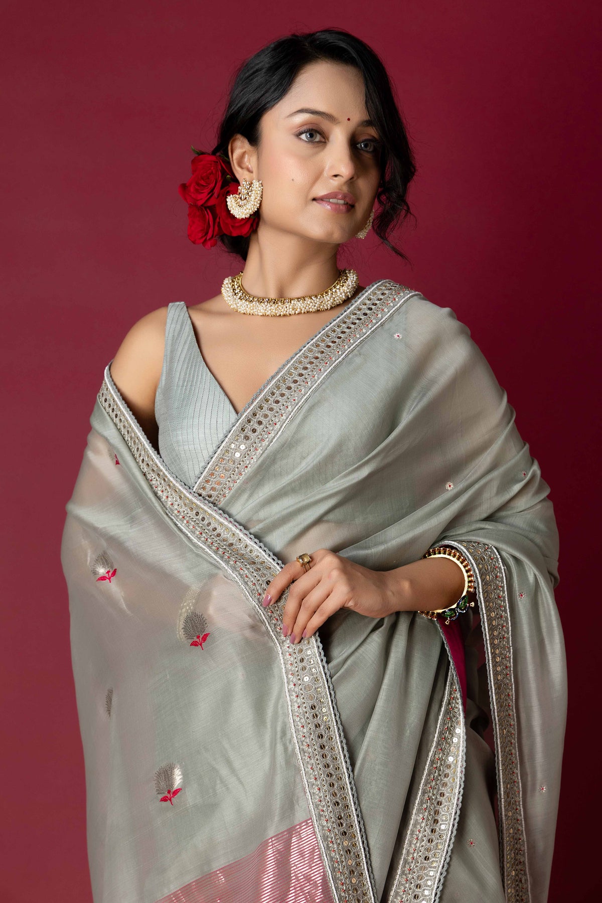 Grey Jade Chanderi Silk Aari Saree