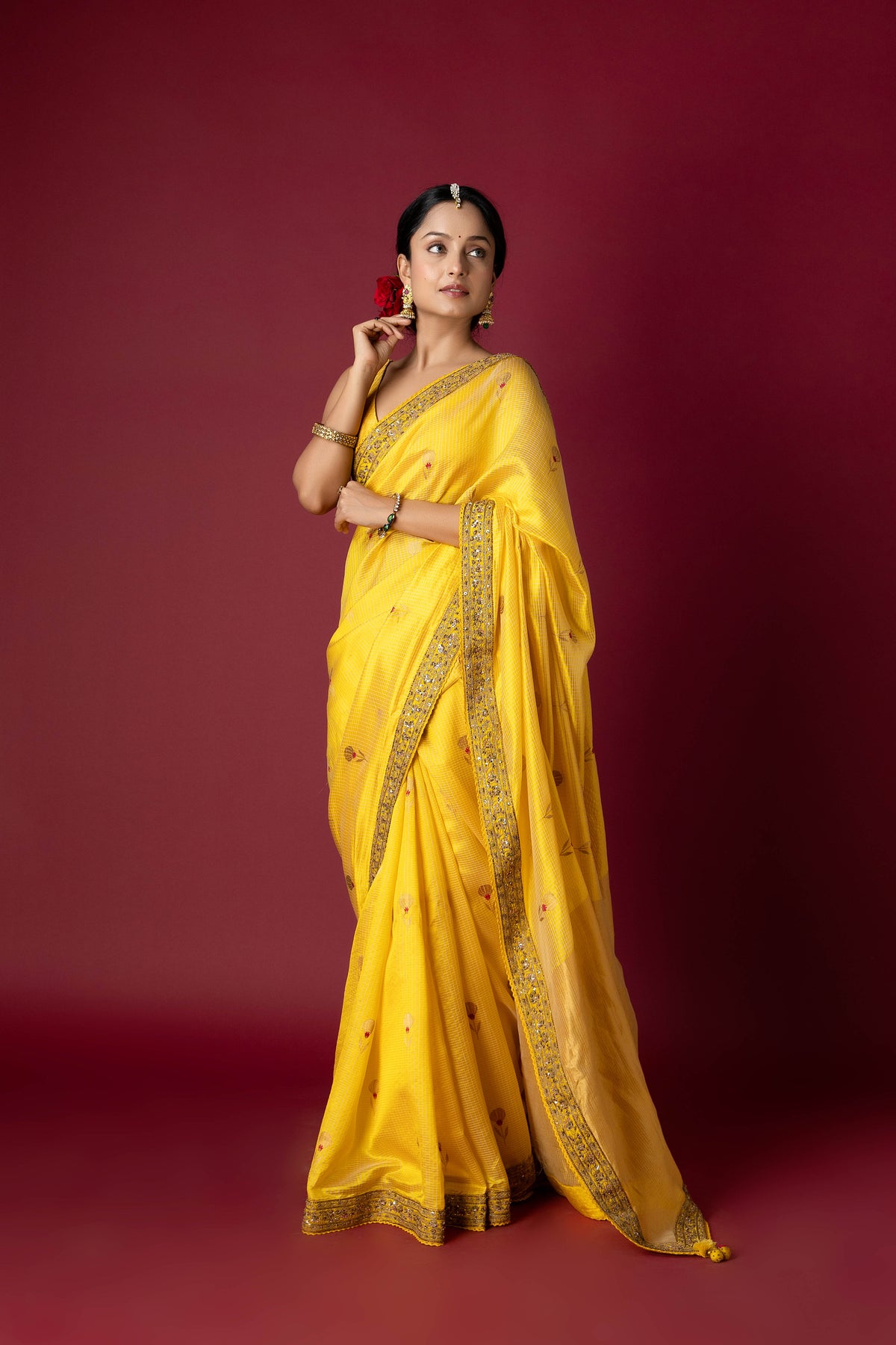 Yellow Chanderi Silk Aari & Bobbin Saree