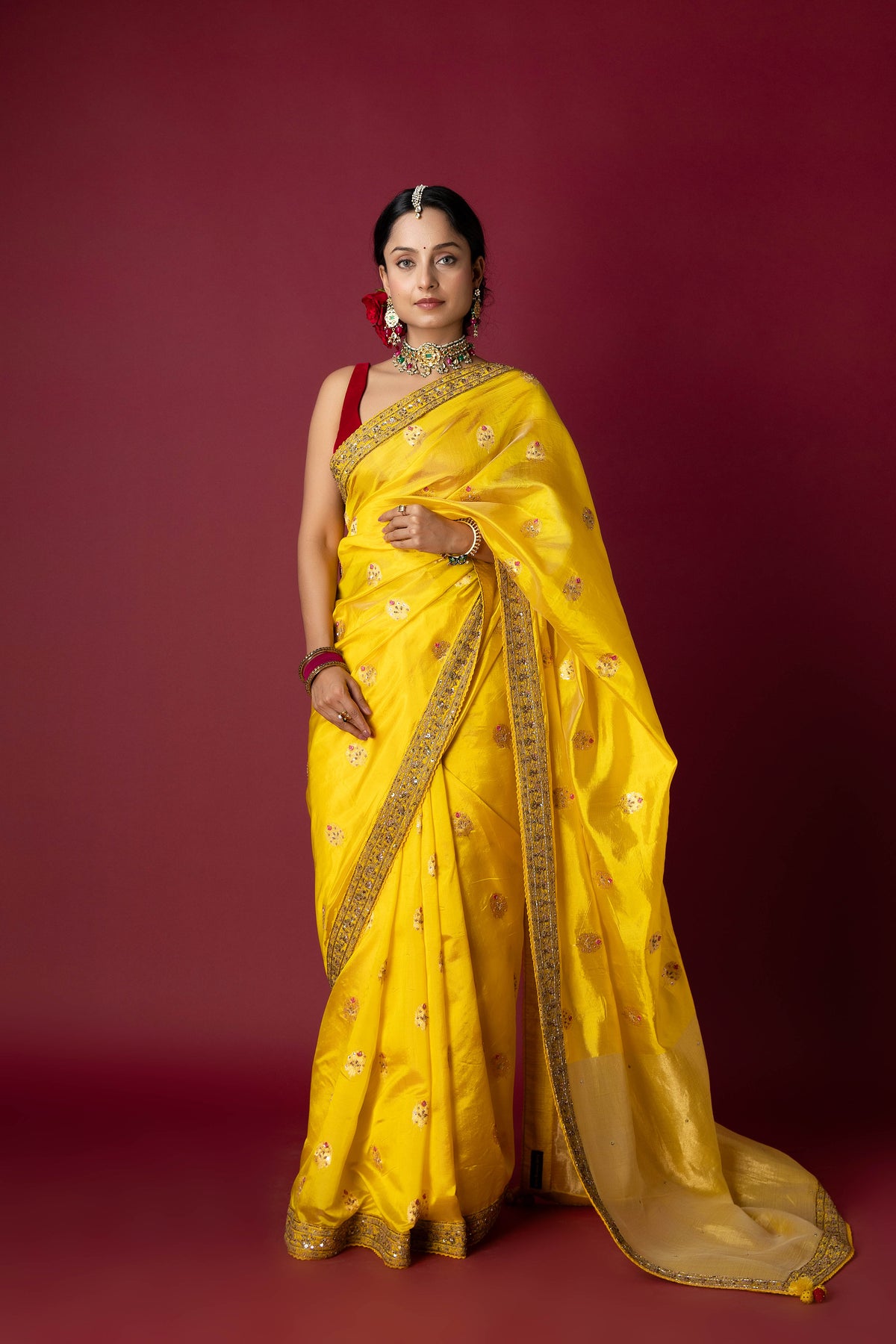 Yellow Chanderi Silk Aari & Bobbin Saree