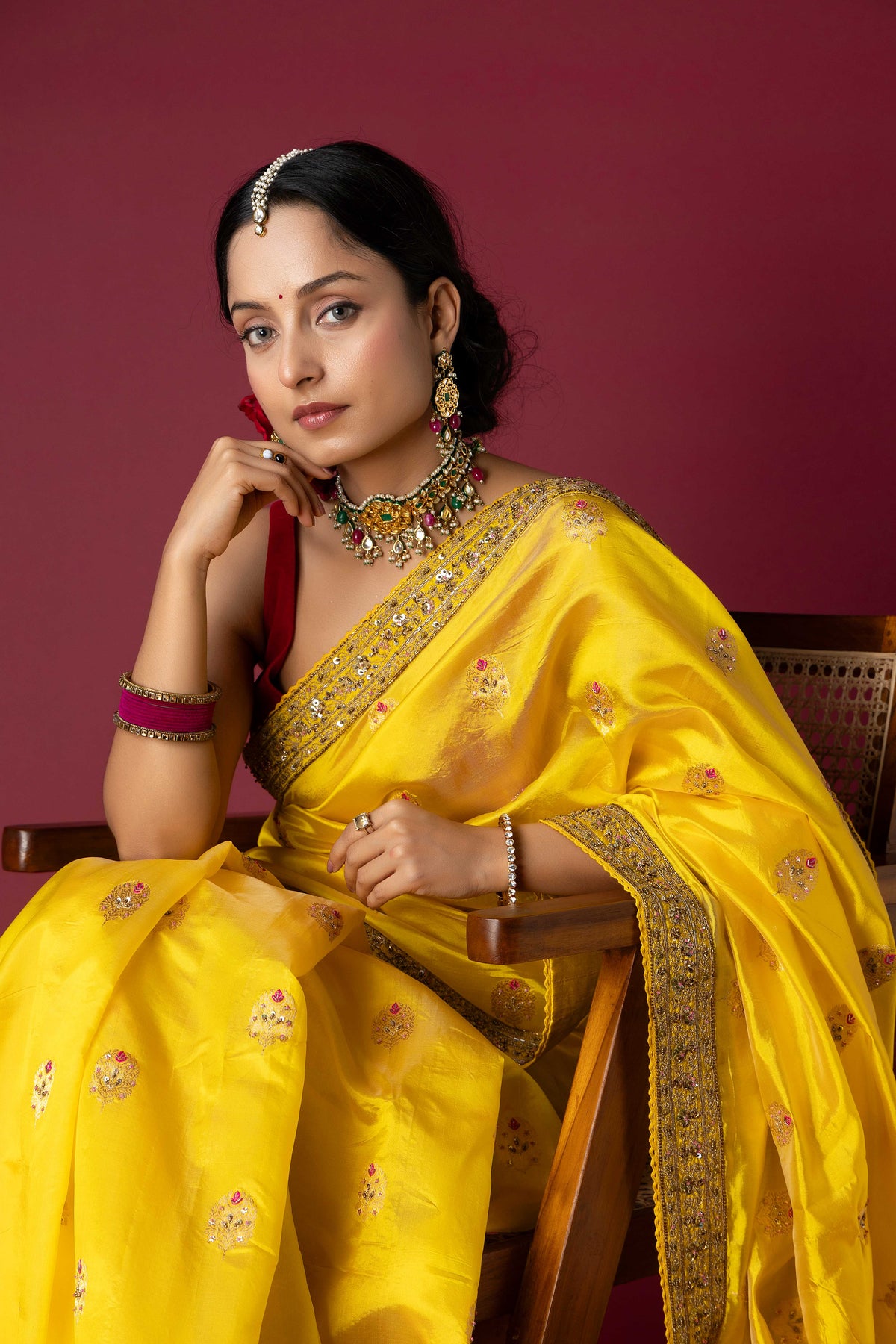 Yellow Chanderi Silk Aari & Bobbin Saree