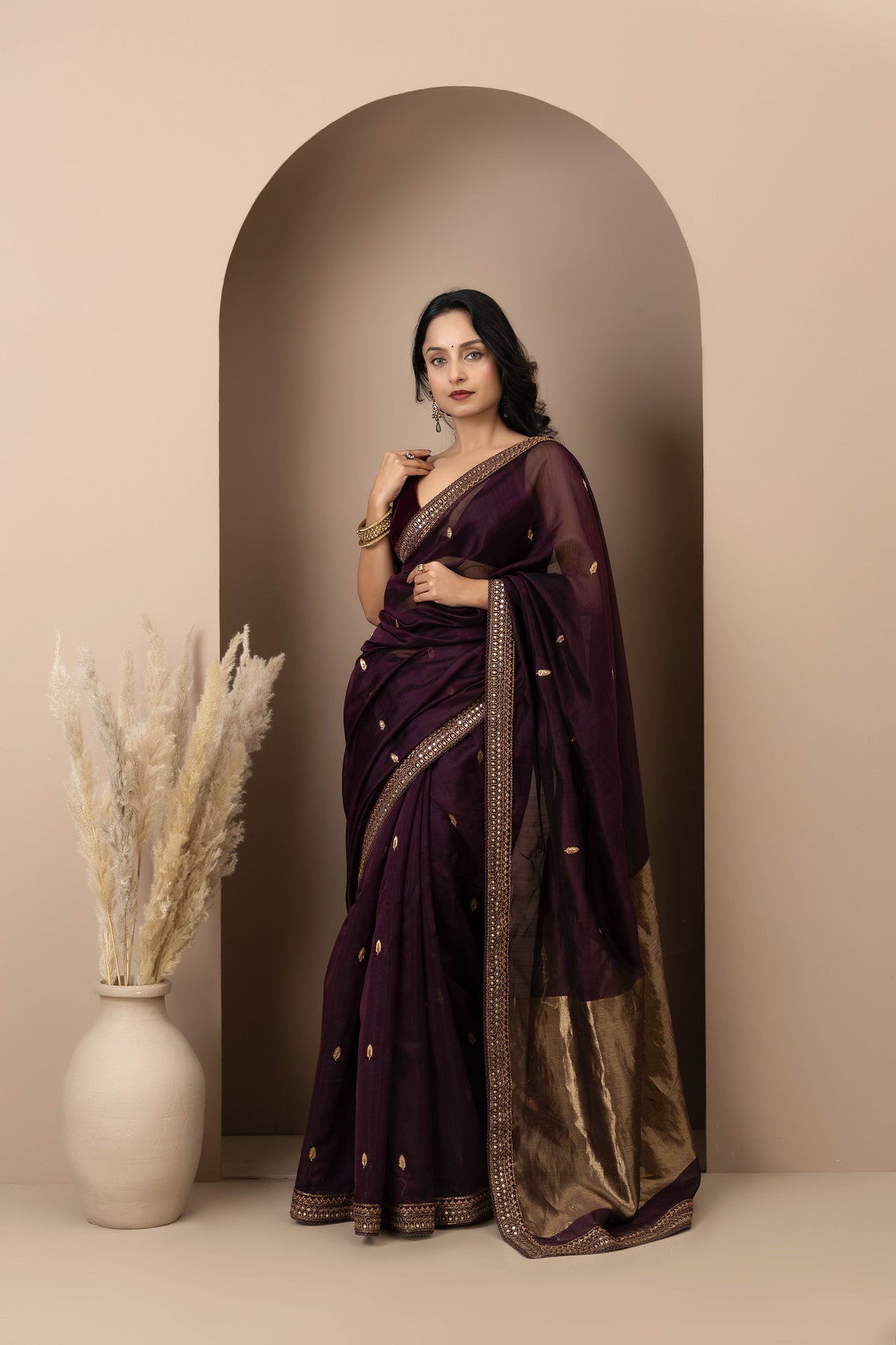 Wine Chanderi Silk Aari Saree