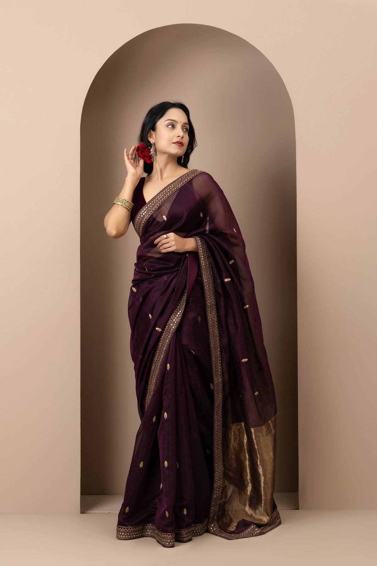 Wine Chanderi Silk Aari Saree