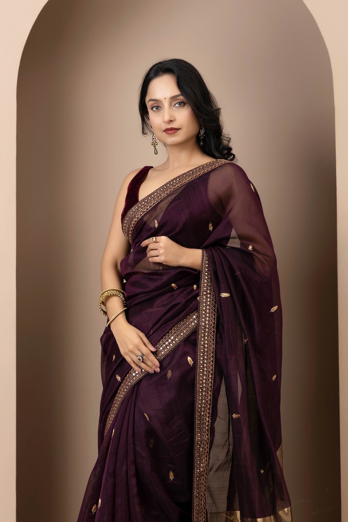 Wine Chanderi Silk Aari Saree
