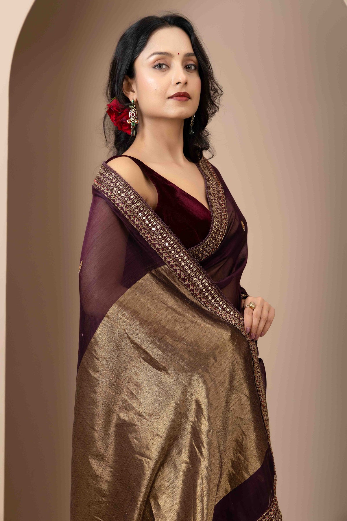 Wine Chanderi Silk Aari Saree
