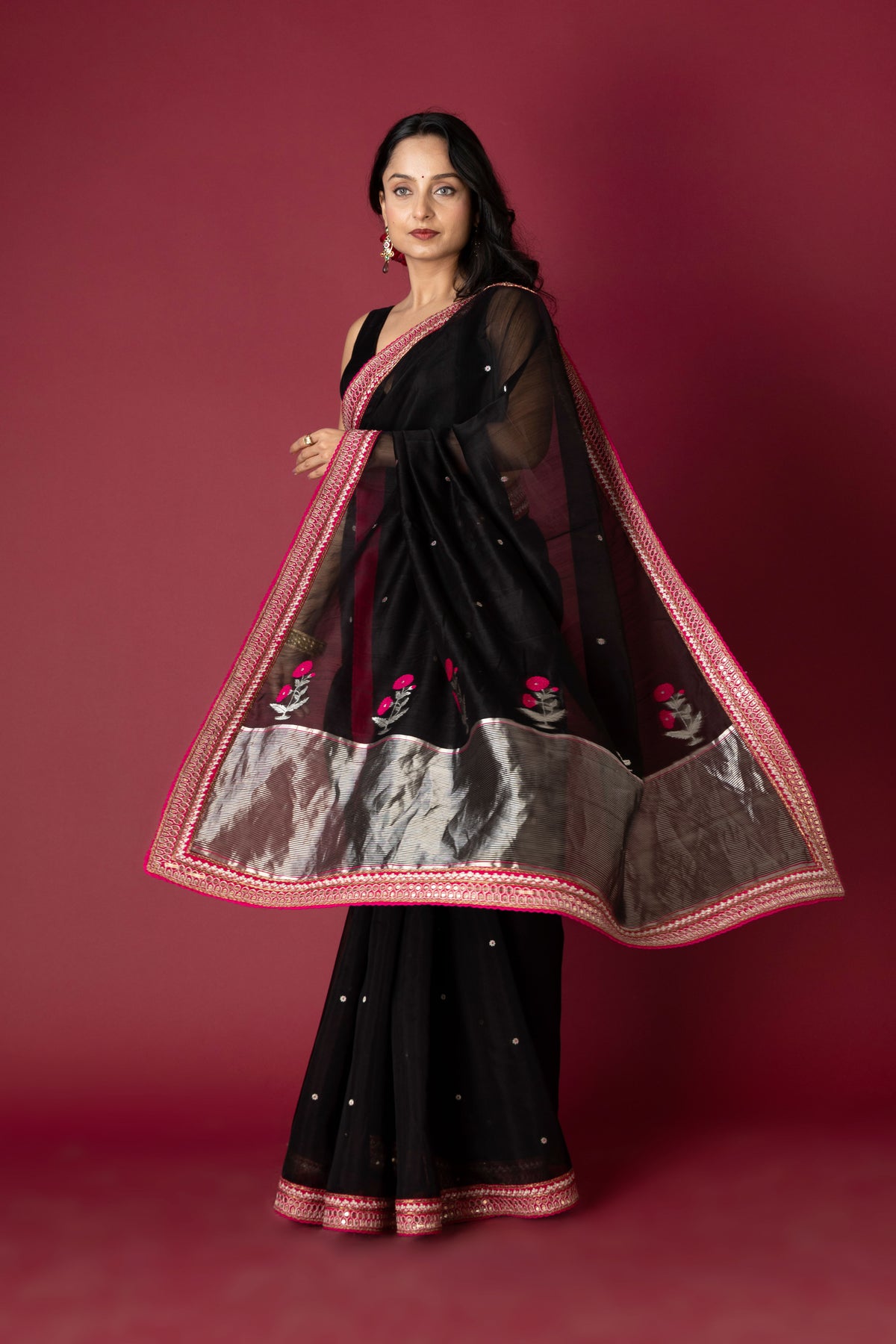 Black Chanderi Silk Aari Saree
